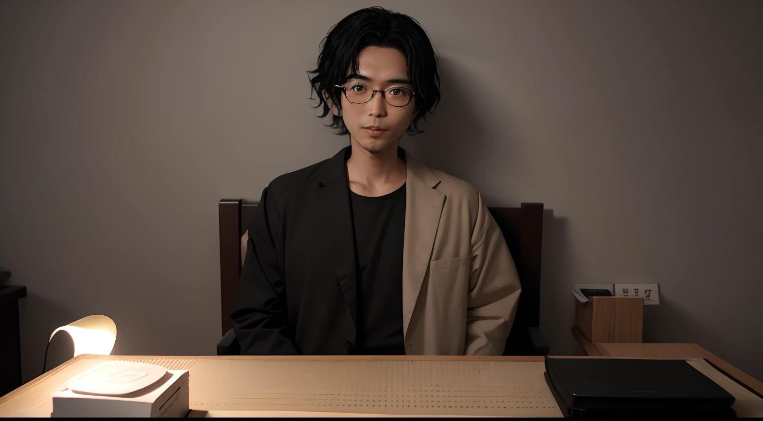 A 35-year-old Japan man wearing glasses、I'm doing a financial Instagram live in a hotel room.。