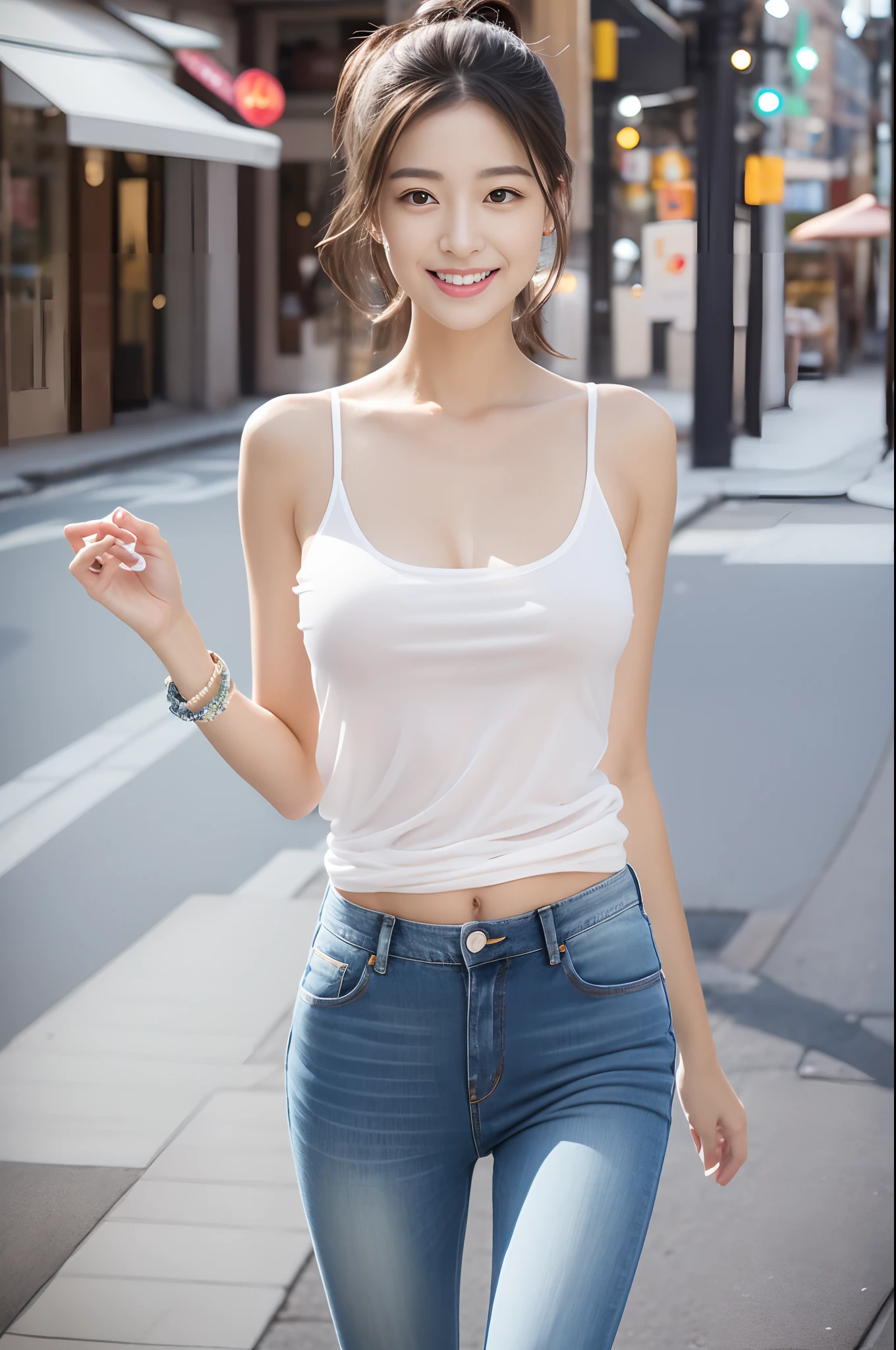 Street photo of a jeans girl shopping alone，wide wide shot，fully body photo，tmasterpiece，fashionable and trendy: beautiful and charming woman，gentle and lovely Chinese beautiful woman，Goddess of the East，delicate and sexy collarbones，Charming goose egg face，二重まぶた，flexible peach blossom eyes，Pink lips，Small upturned nose，Smile with dimples，Smile sweetly，exposed bare shoulders，focus face，closeup of face，hyper HD，Hyper-detailing，Perfect chest and bulge，Narrow buttocks:1.2，Petite and skinny beauty，Slim thighs and calves，Fair toes，fully body photo，Loose black loose top ultra-thin translucent:1.0，Team it with these high-end label's white skinny jeans:1.5，Soft light color with fair and beautiful skin， Outstanding temperament，stocklings，ssee-through，Colorful canvas shoes:1.2，wide wide shot，fully body photo:1.8，The posture is diverse，Sweet, playful and pure:1.2，Clear armpits，Stylish headbands tied in hair:1.2