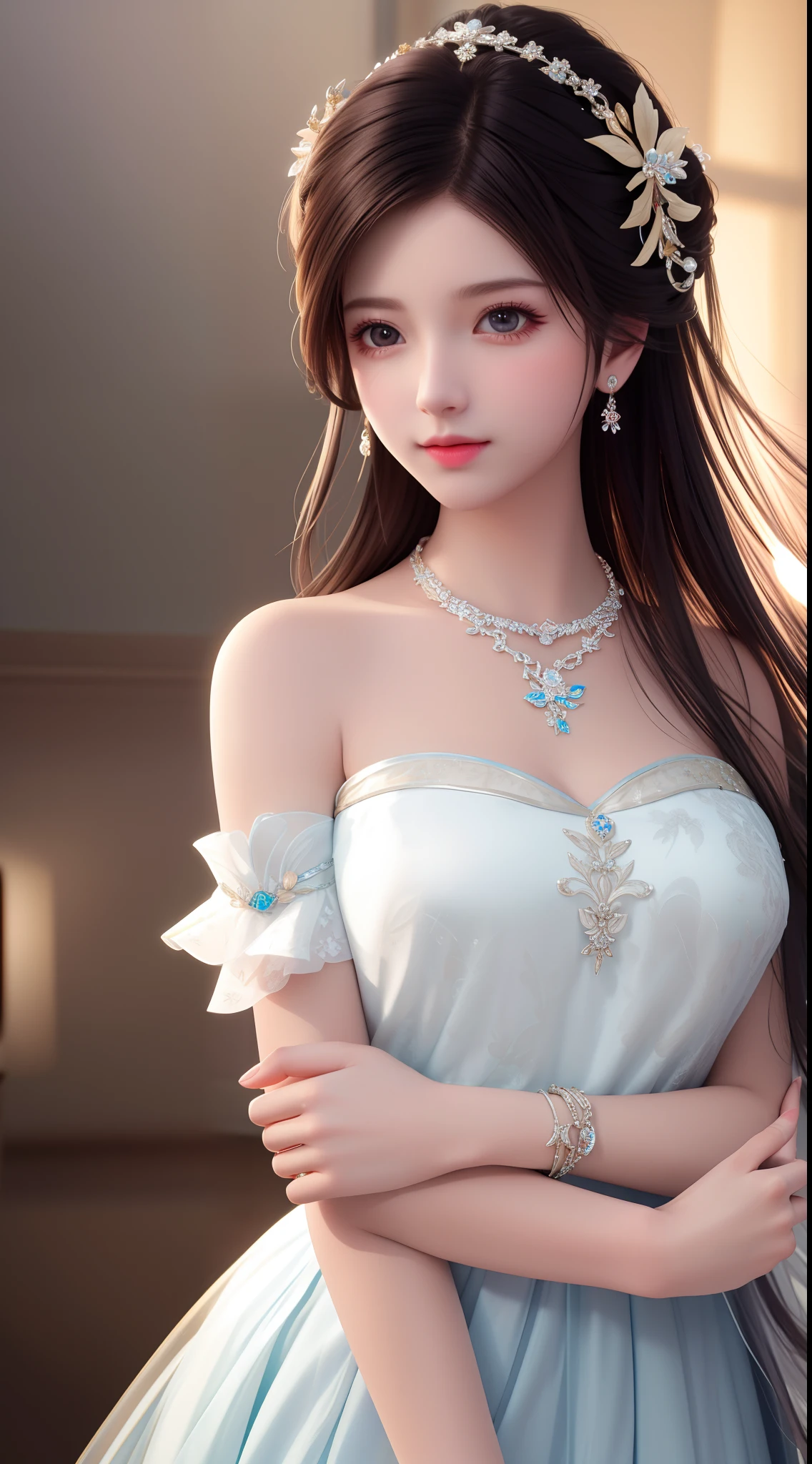 Best Quality, Masterpiece, High Resolution, 1 Girl, Porcelain Dress, Hair Accessories, Necklace, Jewelry, Beautiful Face, Physics, Tyndall Effect, Realistic, Dark Studio, Rim Lighting, Duotone Lighting, (High Detail Skin: 1.2), 8k uhd, DSLR, soft light, high quality, volumetric light, candid, photo, high resolution, 4k, 8k, bokeh