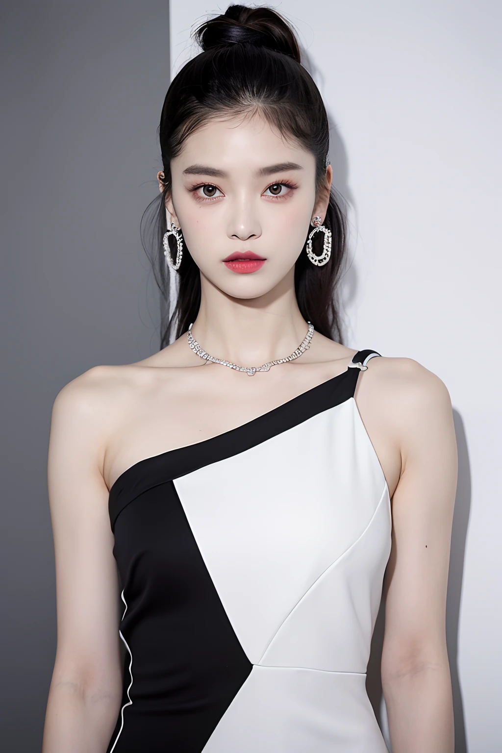 (extra detailed body、extra detailed face、best qualtiy:1.2)、femele、looking at the viewers、(Wacky fashion、Large shoulder-length piercings、a necklace、Clothes with strong contrast of purple, white and black、asymmetry)、(Contrasting white and gray wall on background)