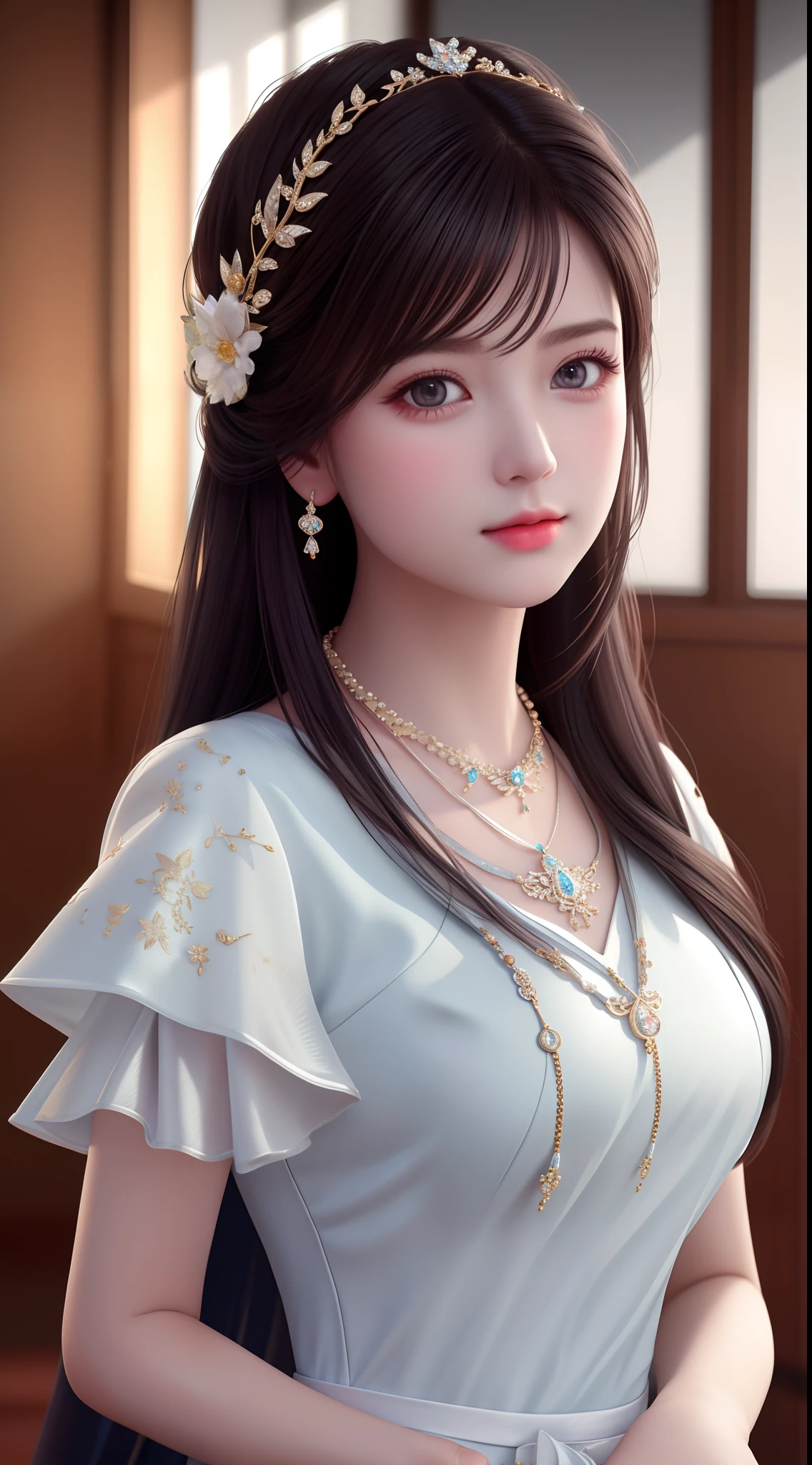 Best Quality, Masterpiece, High Resolution, 1 Girl, Porcelain Dress, Hair Accessories, Necklace, Jewelry, Beautiful Face, Physics, Tyndall Effect, Realistic, Dark Studio, Rim Lighting, Duotone Lighting, (High Detail Skin: 1.2), 8k uhd, DSLR, soft light, high quality, volumetric light, candid, photo, high resolution, 4k, 8k, bokeh