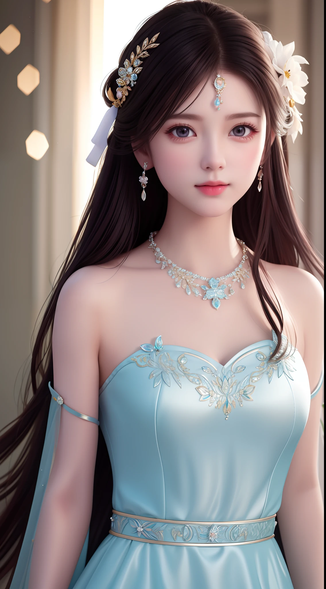 Best Quality, Masterpiece, High Resolution, 1 Girl, Porcelain Dress, Hair Accessories, Necklace, Jewelry, Beautiful Face, Physics, Tyndall Effect, Realistic, Dark Studio, Rim Lighting, Duotone Lighting, (High Detail Skin: 1.2), 8k uhd, DSLR, soft light, high quality, volumetric light, candid, photo, high resolution, 4k, 8k, bokeh