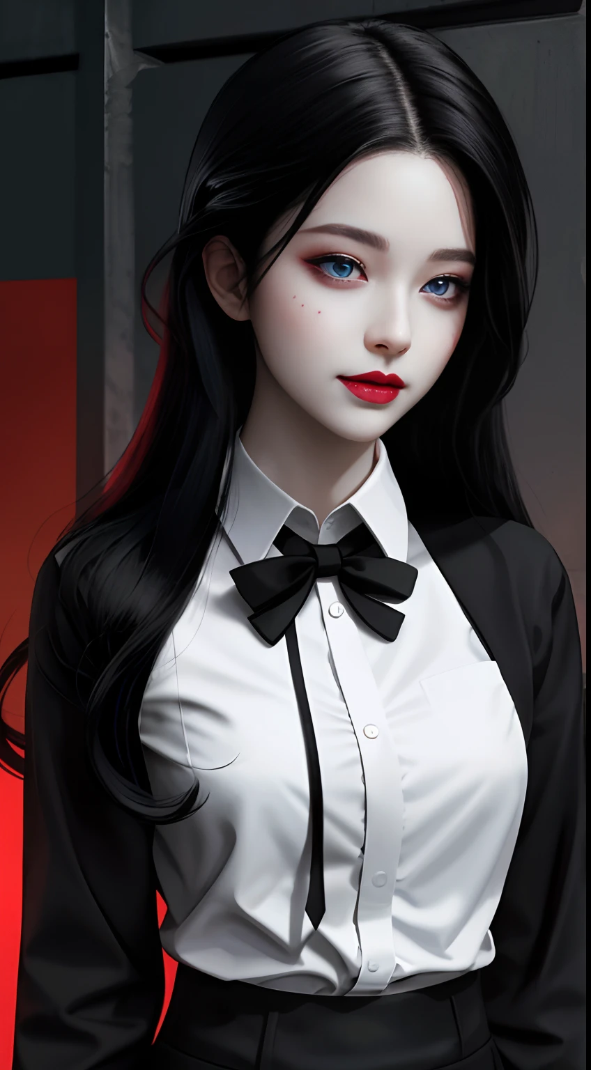 HD, 8K, (((Masterpiece))), (((A high resolution))), ((Best quality)), ((An extremely delicate and beautiful)), Crazy detail and intrusive, Super detailed, Tokyo Ghoul, 1 woman, Solo, black collared shirt, red necktie, Pale skin, large lips, Puffy lips, Black lips, Red eye, eBlue eyes, Heterochromia, ringed eyes, Glowing eyes, Black hair, Long hair, hair slicked back, ghoul, Evil smile, scars face