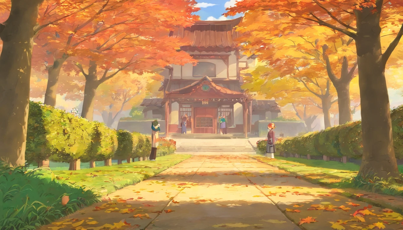 China-style,Ultra-wide angle of view,Beautiful view of autumn,school ground,Wagas,Cloud fog,fall foliage,Fallen leaves all over the ground,Tyndall rays,oc rendered,high qulity,8K,super-fine,Hyper-realistic,Ultra photo realsisim,35mm camera lens,ultra - detailed
