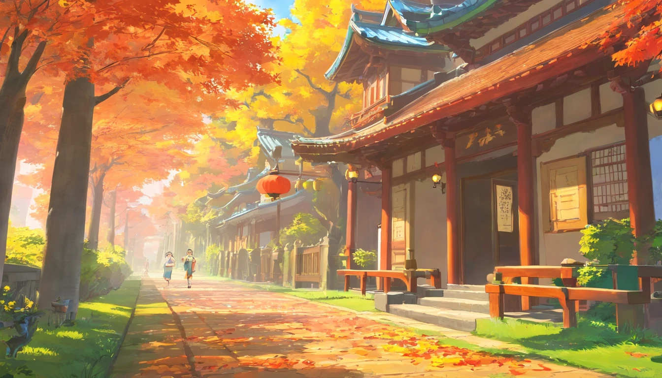 China-style,Ultra-wide angle of view,Beautiful view of autumn,school ground,Wagas,Cloud fog,fall foliage,Fallen leaves all over the ground,Tyndall rays,oc rendered,high qulity,8K,super-fine,Hyper-realistic,Ultra photo realsisim,35mm camera lens,ultra - detailed