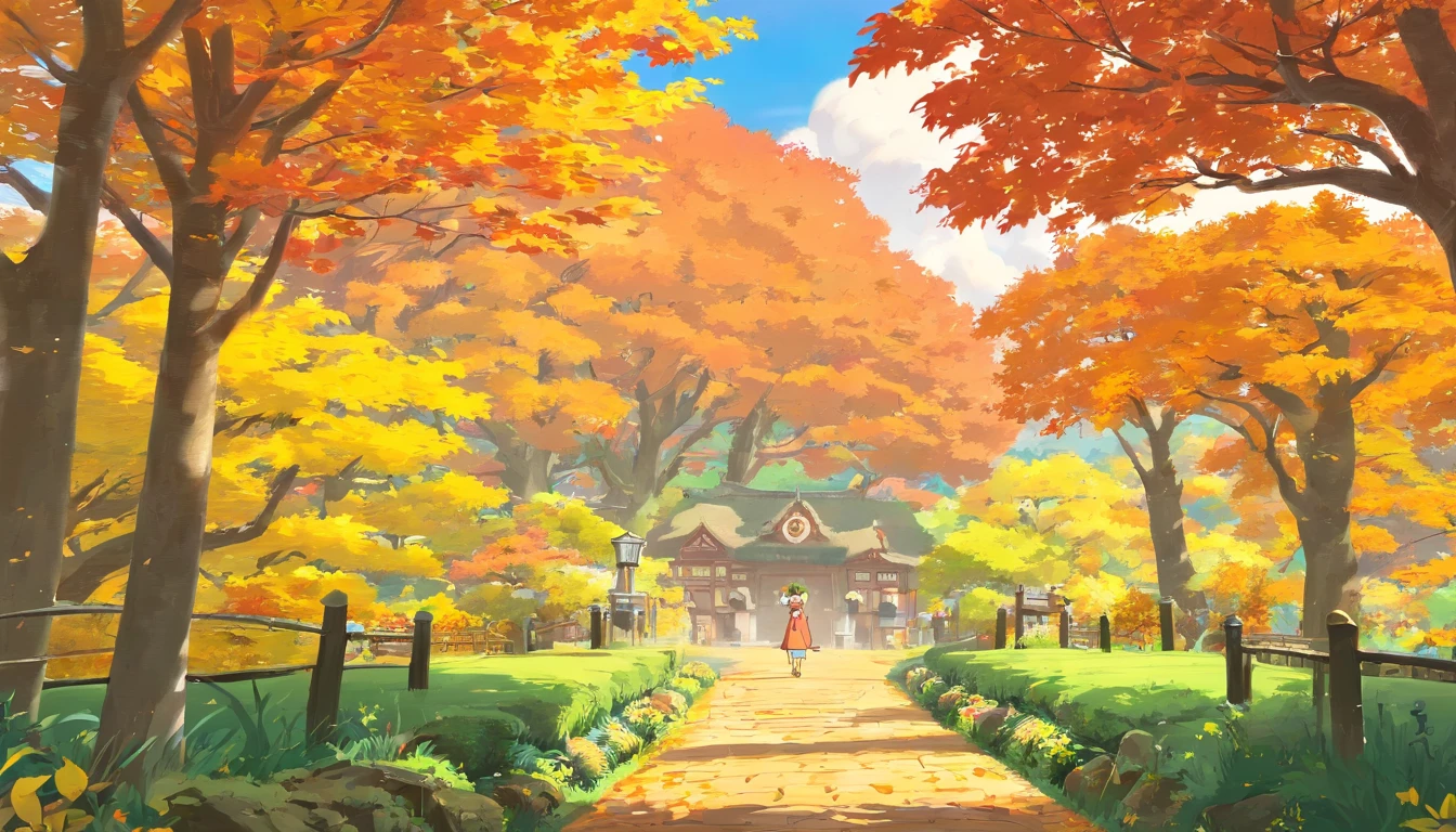 China-style,Ultra-wide angle of view,Beautiful view of autumn,school ground,Wagas,Cloud fog,fall foliage,Fallen leaves all over the ground,Tyndall rays,oc rendered,high qulity,8K,super-fine,Hyper-realistic,Ultra photo realsisim,35mm camera lens,ultra - detailed
