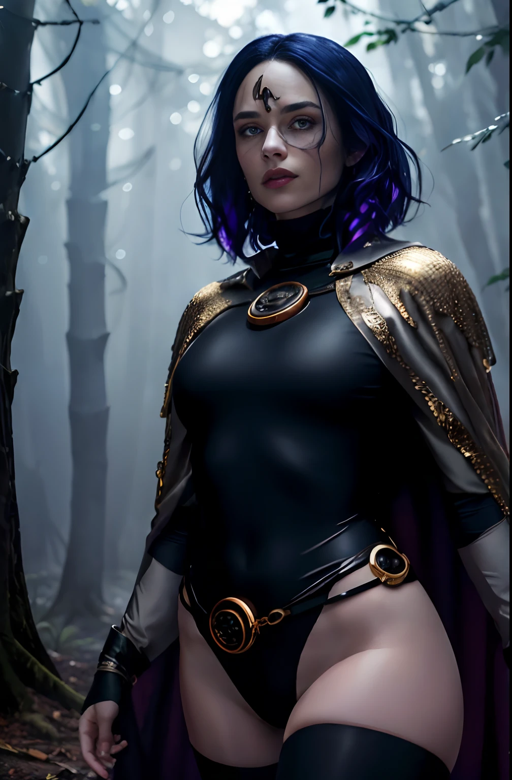 1girl, cowboy shot of rvn, hotraven, pale skin, black leotard, turtleneck, tights, cape, glowing eyes, gold belt, jewels, medallion, athletic, looking at viewer, night, dark forest, mist, fog, volumetric lighting, best quality, masterpiece, intricate details, tonemapping, sharp focus, hyper detailed, realistic