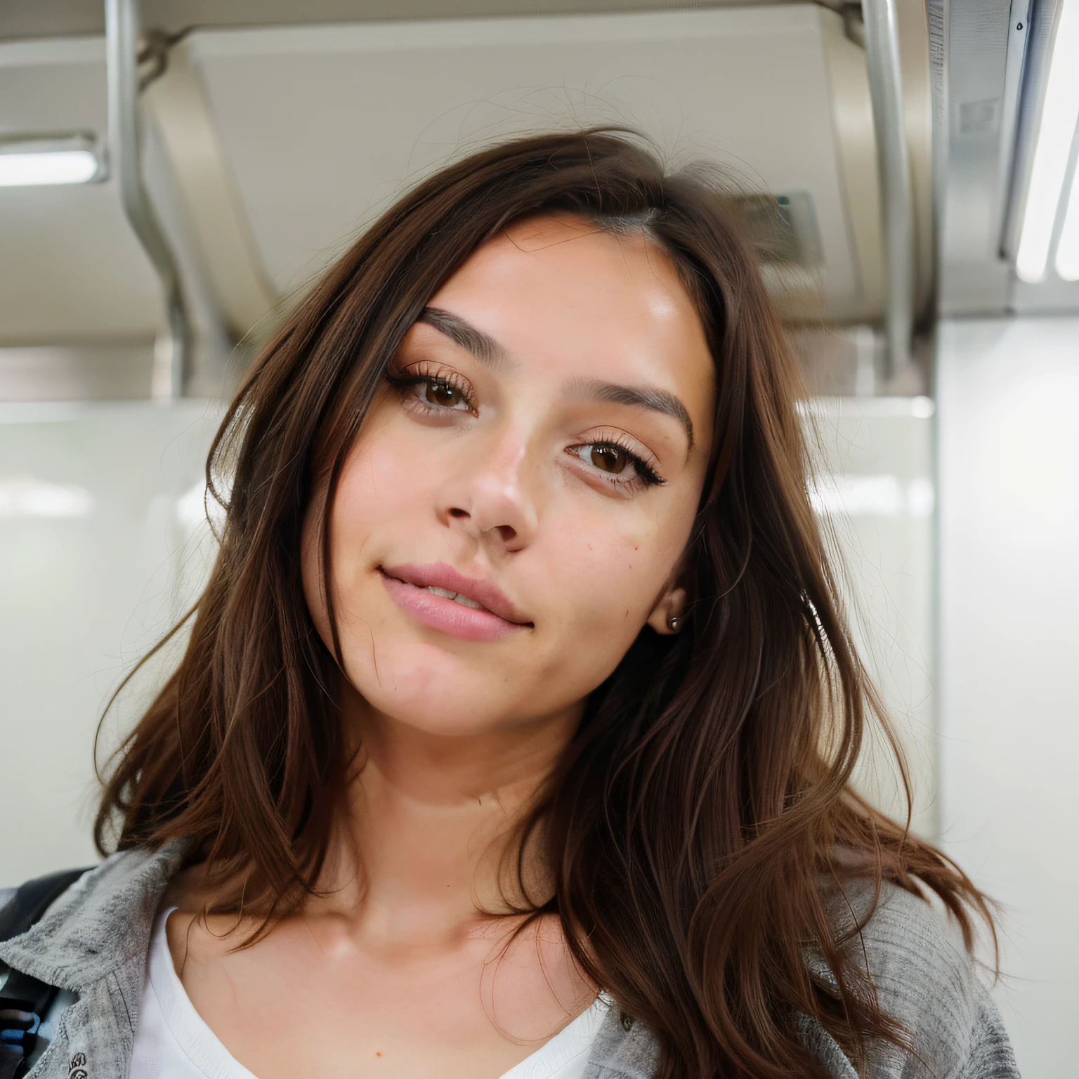 Cute beautiful brunette, Wear urban clothes,Full body,  Perfect Angle, (on the subway, subway), Very detailed, 32years old, Frivolous face, messy long hair, Brown eyes, hight resolution, masutepiece, Best Quality,Intricate details, Highly detailed,Sharp Focus, Detailed skin,Realistic skin texture,Texture, Detailed eyes, Professional, 4K, Smile, shot in Canon, 85 mm,Shallow depth of field,Kodak Vision Color,  eyeshadows, Extremely detailed, Photo_\(Ultras\), Photorealistic, Realistic, Post-processing, Max Detail, Roughness, Real life, A hyper-realistic, Photorealism, Photography, 8K UHD, Photography, ​masterpiece, top-quality, hightquality, hight resolution、