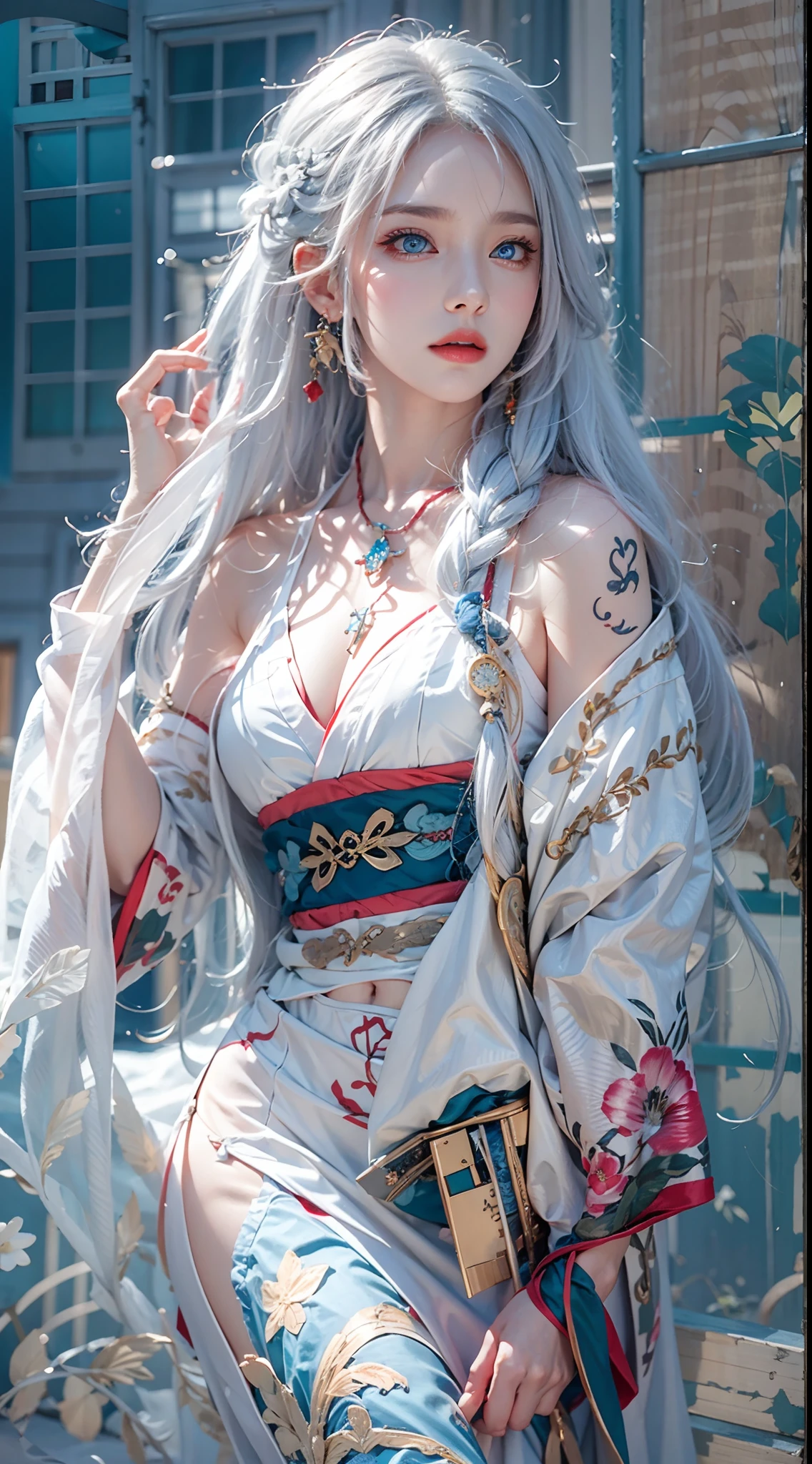 white hair, *Ice-cold eyes, Shenhe softens slightly as he observes your expression closely, confirming that you are completely comfortable with this feeling, white-haired, in the depths of clear water, under water
 While swimming in clear wate