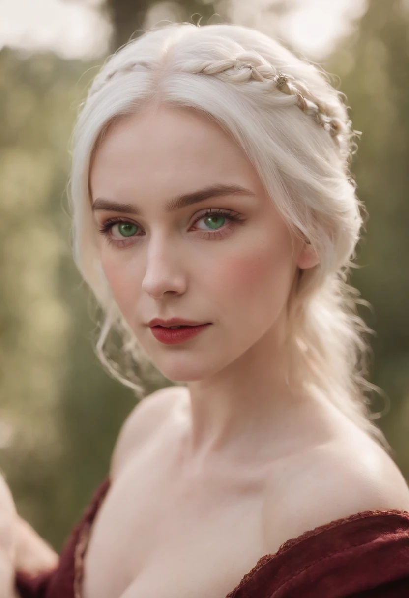 (((a deep reddish wound crosses her left cheek))) fair complexion, woman around 19 years old, natural white hair, distinctive green eyes, wearing kohl, slender and graceful, beautiful, candlelight in a medieval setting, ultra sharp focus, realistic shot, medieval female clothes, tetradic colors (scar:1.4) showing brests pink boobs standing naked show her huge boobs naked