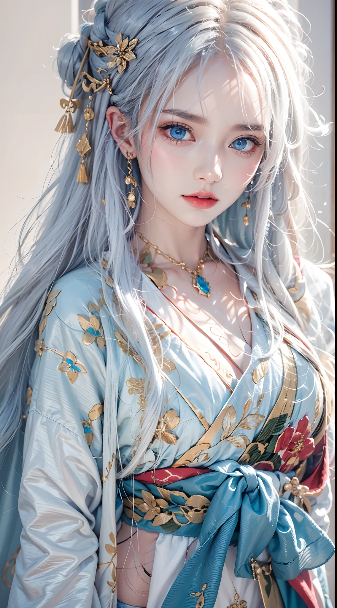 photorealistic, masterpiece, photorealistic, high resolution, soft light, hips up, blue eyes, white hair, long hair, jewelry, tattoo, hanfu
