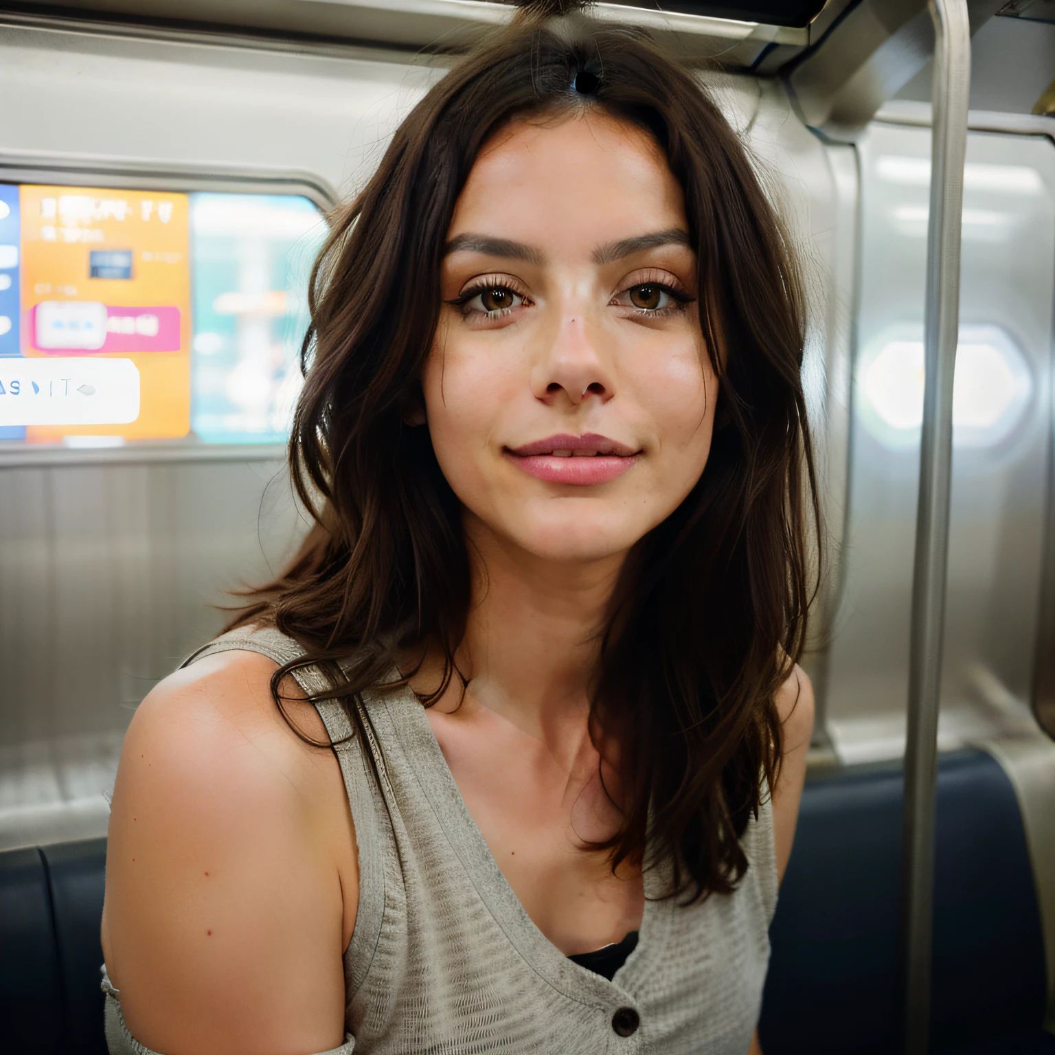 Cute beautiful brunette, Wear urban clothes,Full body, Perfect Angle, (on the subway, subway), Very detailed, 32years old, Frivolous face, messy long hair, Brown eyes, hight resolution, masutepiece, Best Quality,Intricate details, Highly detailed,Sharp Focus, Detailed skin,Realistic skin texture,Texture, Detailed eyes, Professional, 4K, Smile, shot in Canon, 85 mm,Shallow depth of field,Kodak Vision Color, eyeshadows, Extremely detailed, Photo_\(Ultras\), Photorealistic, Realistic, Post-processing, Max Detail, Roughness, Real life, A hyper-realistic, Photorealism, Photography, 8K UHD, Photography, masterpiece, top-quality, hightquality, hight resolution、