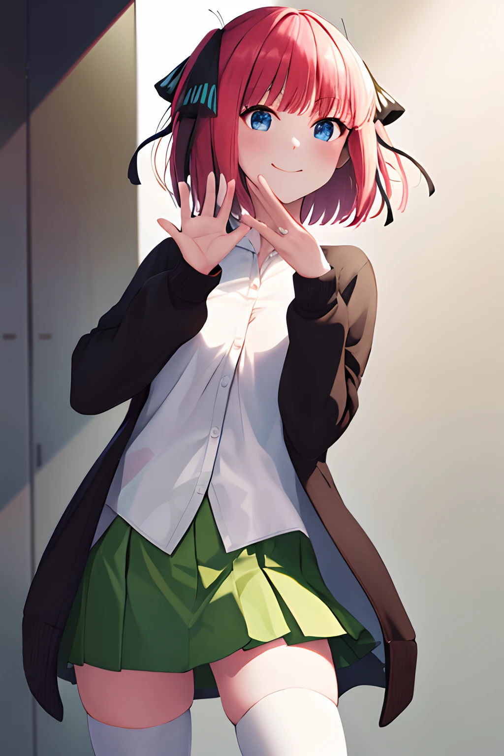 masterpiece, best quality, highres, nn1, 1girl, hair ribbon, short hair, green skirt, white shirt, black cardigan, open clothes, white thighhighs, long sleeves, cowboy shot, standing, waving, hand through hair, sincere smile, holding a white flower in one hand
