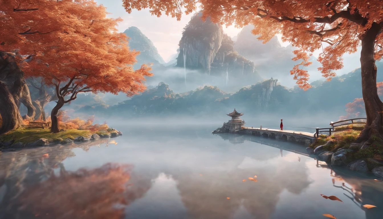 China-style,Ultra-wide angle of view,Beautiful view of autumn,school ground,Wagas,Cloud fog,fall foliage,Fallen leaves all over the ground,Tyndall rays,oc rendered,high qulity,8K,super-fine,Hyper-realistic,Ultra photo realsisim,35mm camera lens,ultra - detailed
