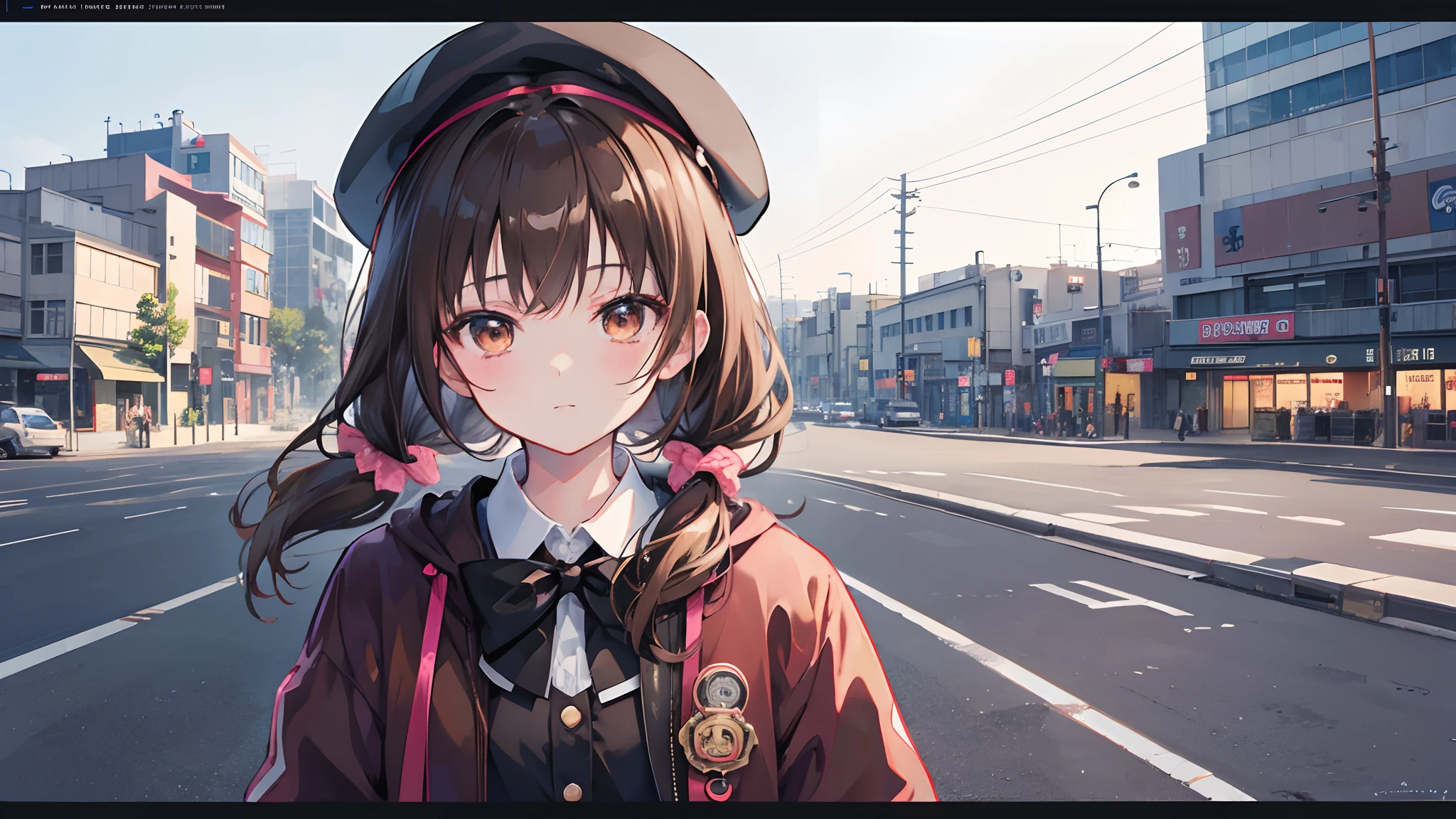 Friendly Looking, Sweet Looking, Anime girl, Brown pigtail hair, Brown hairs, Brown eyes, Beret, background landscape, neon Japanese style city at Daytime, Sunny, Bow, Cute Hair gib, Brown coat, Black ties, Black pants, looking at viewer, In shape, Cute, Upper body, Tokyo, Japan, City, Safe for work, 4k Best quality, Anime Style 4k, In a mood, Happy,