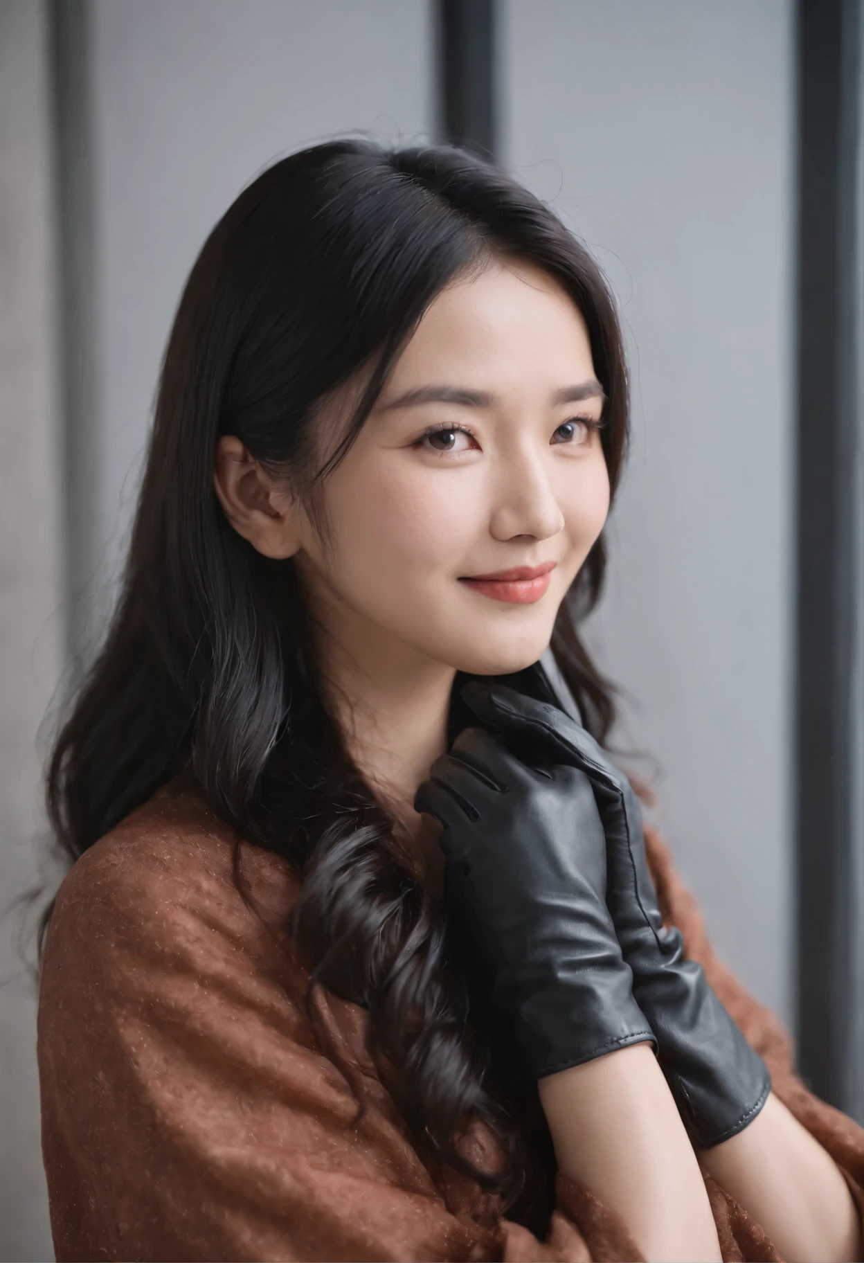 Black leather gloves、of loose robes、long black hair、Japan woman smiling