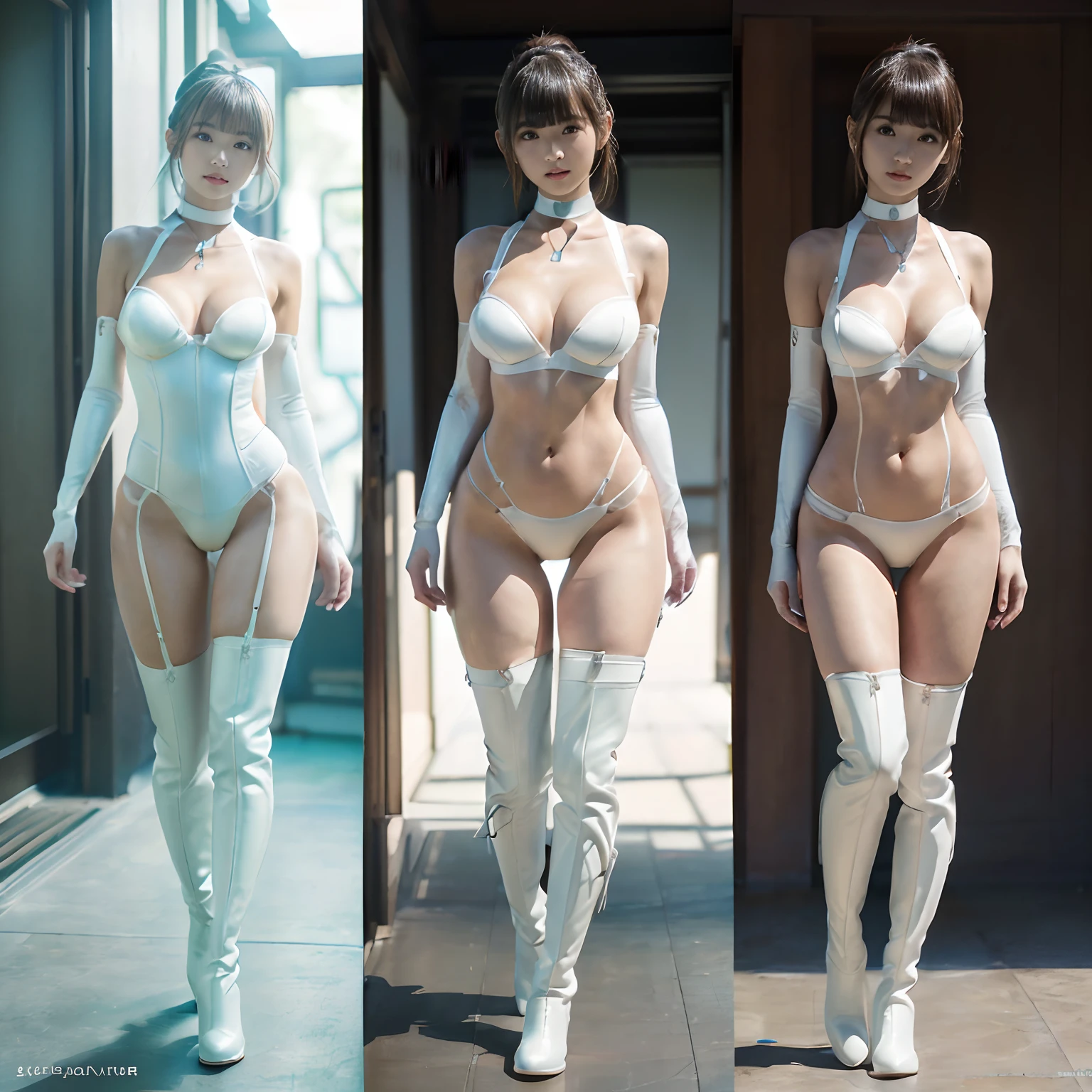 japanaese girl、23years old、7headed body、(((Standing Pose、Full body like、posterior view)))、Small, well-shaped bust、short hair of dark chestnut color,,,,,,,,,,,,、(((Full body white bondage fashion、White panties and bra、choker necklace、Non-lumpy arm cover、Long White Leather Boots))、 The cleavage is visible、(wearing futuristic clothing 、 Ovoid contours、Slender Hot Fit Body, Expressive big shining eyes, Captured with bright natural light and beautiful vibrant colors. 8k Resolution images.a masterful complete scene of the female full body standing with a happy expression