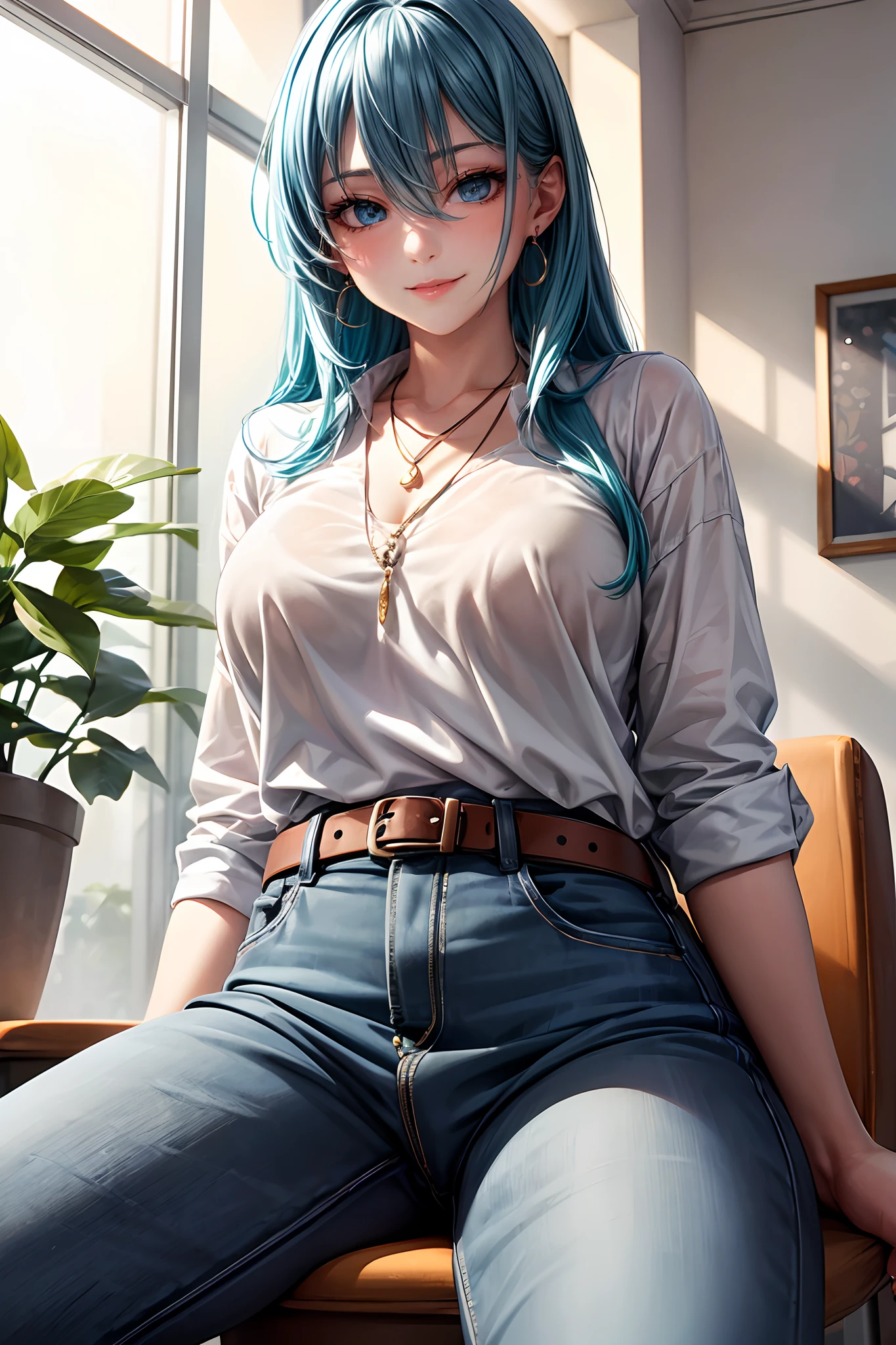 1girl,bangs,long hair,(bangs between eyes,hair cover one eye,blue eyes,aqua hair),necklace,blue earrings,smile,white shirt,belt,jeans,anime style,illustration,ultra-detailed,professional,portrait,soft colors,warm lighting, solo, lipstick, beautiful background, sit on chair, from below view, spread legs, lokoing at viewer, pov