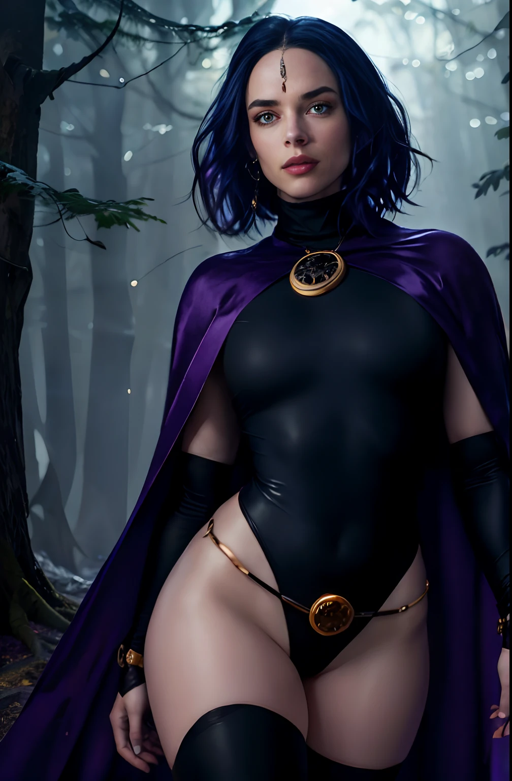 1girl, cowboy shot of rvn, hotraven, pale skin, black leotard, turtleneck, tights, cape, glowing eyes, gold belt, jewels, medallion, athletic, looking at viewer, night, dark forest, mist, fog, volumetric lighting, best quality, masterpiece, intricate details, tonemapping, sharp focus, hyper detailed, realistic