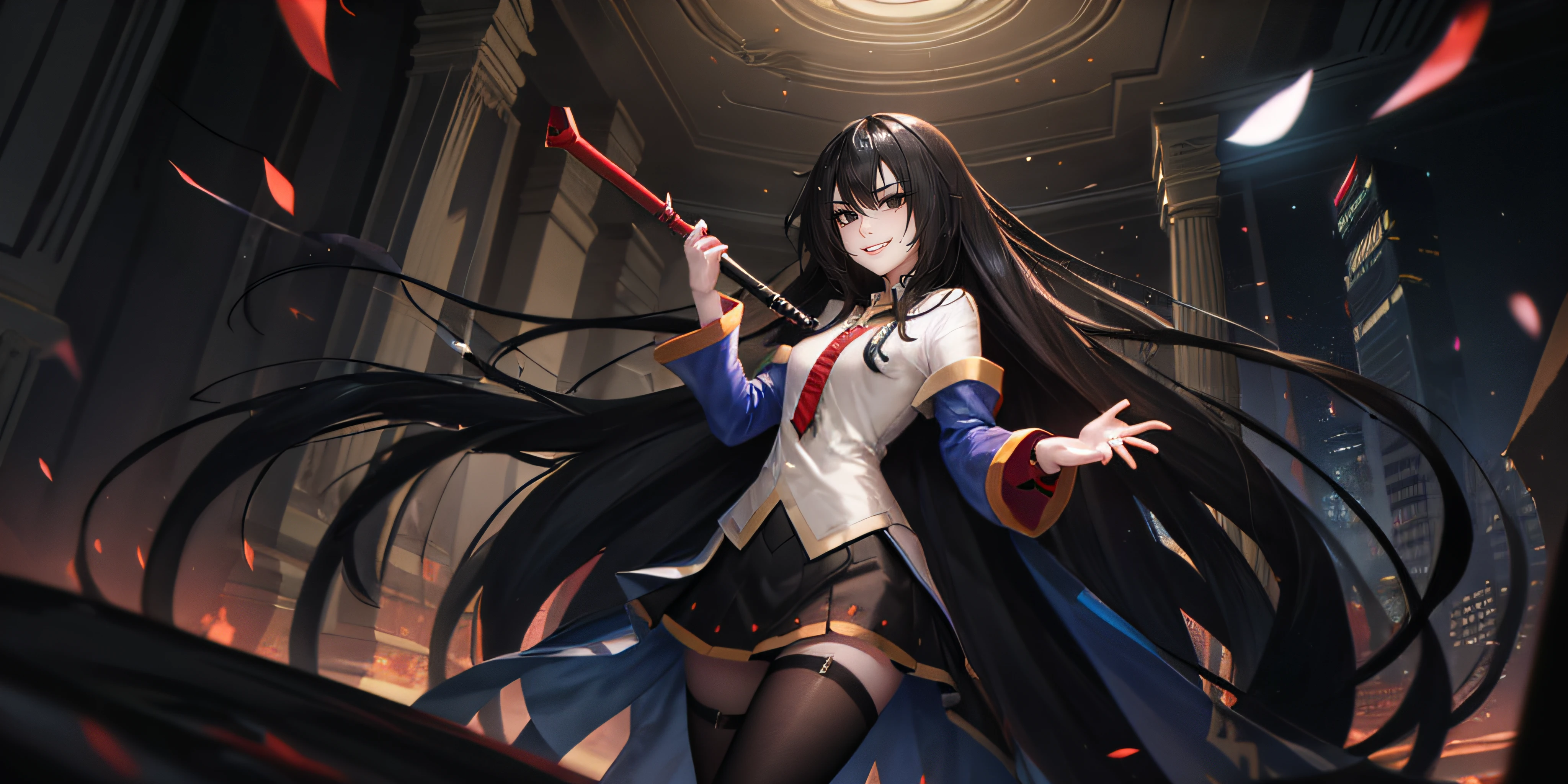 KirukiruAmou, (black hair, long hair, black eyes:1.4),  a woman with long black hair standing in a dark room, an anime drawing, by Yang J, fantasy art, video game genshin impact, attractive matoi ryuko, black - haired mage, rei hino as a princess, banner, sakimichan frank franzzeta, half invoker half megumin, demon hero, still from anime