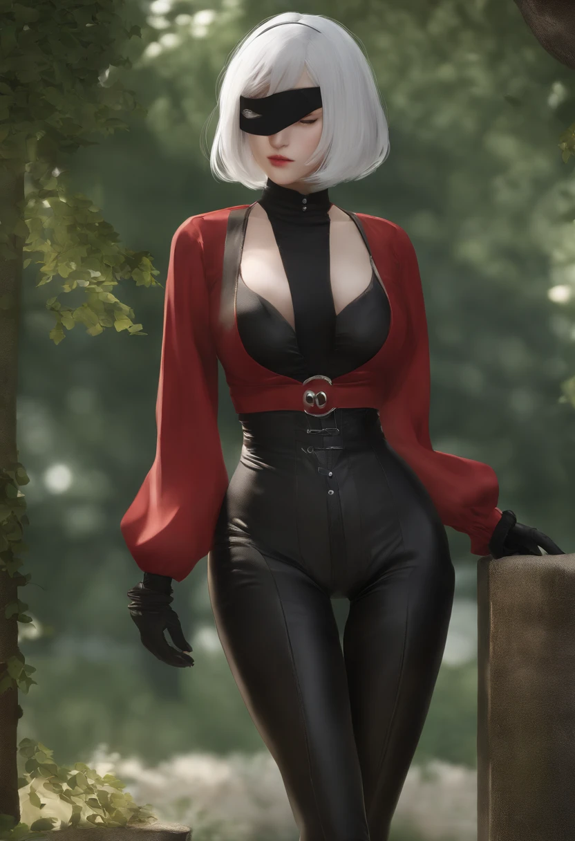 yorha no. 2 type b, 1girll, Phlegm sputum, phlegm, (Blindfold), Breasts, cleavage, cleavage cutout, clothing cutout, Green background, hair between eye, shairband, A high resolution, Juliet sleeves, Long sleeves, nier (Series), nier automata, Puffy sleeves, Red lips, shaded face, Short hair, Solo, Turtleneck, Upper body, White hair, sky