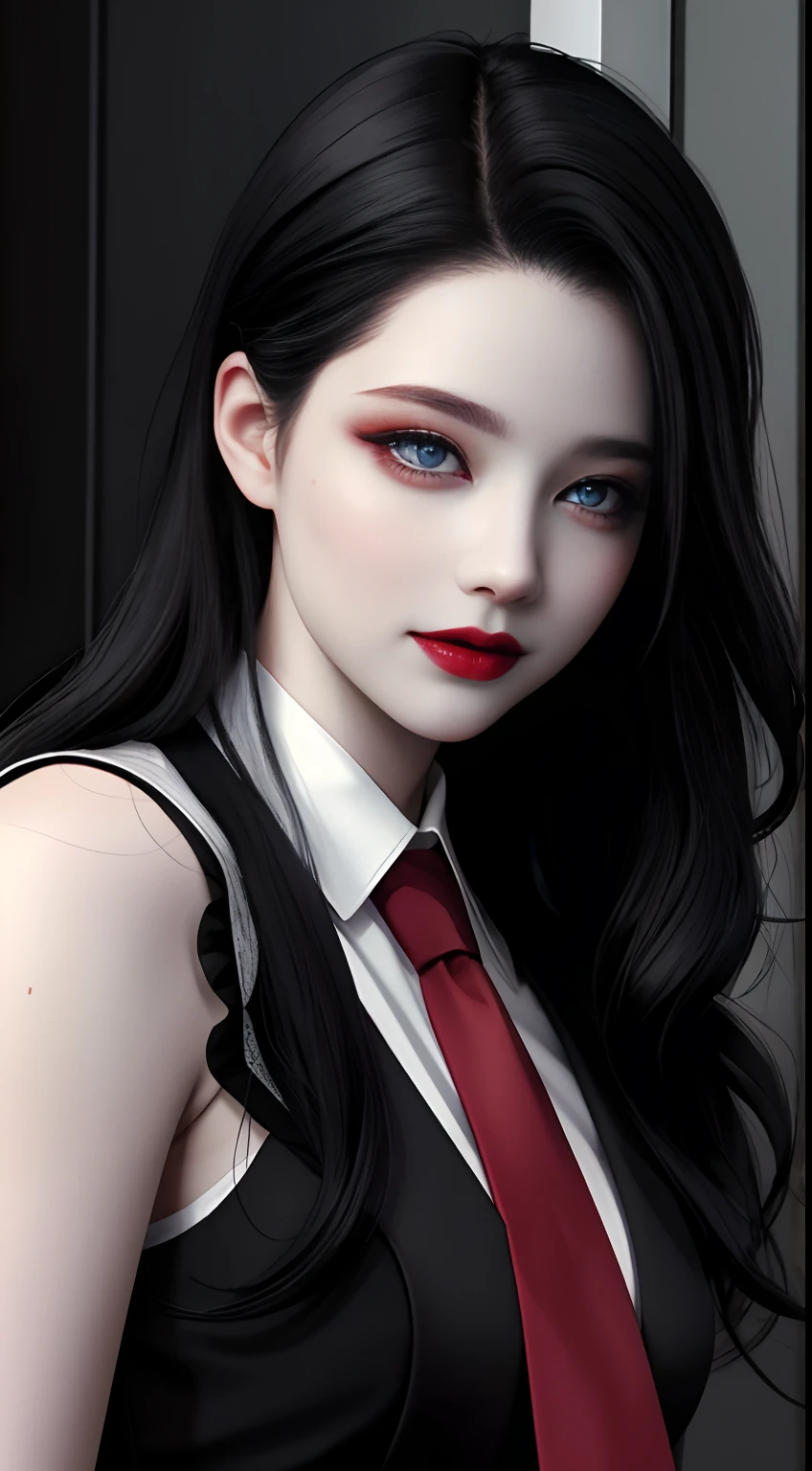 HD, 8K, (((Masterpiece))), (((A high resolution))), ((Best quality)), ((An extremely delicate and beautiful)), Crazy detail and intrusive, Super detailed, Tokyo Ghoul, 1 woman, Solo, black collared shirt, red necktie, Pale skin, large lips, Puffy lips, Black lips, Red eye, eBlue eyes, Heterochromia, ringed eyes, Glowing eyes, Black hair, Long hair, hair slicked back, ghoul, Evil smile, scars face