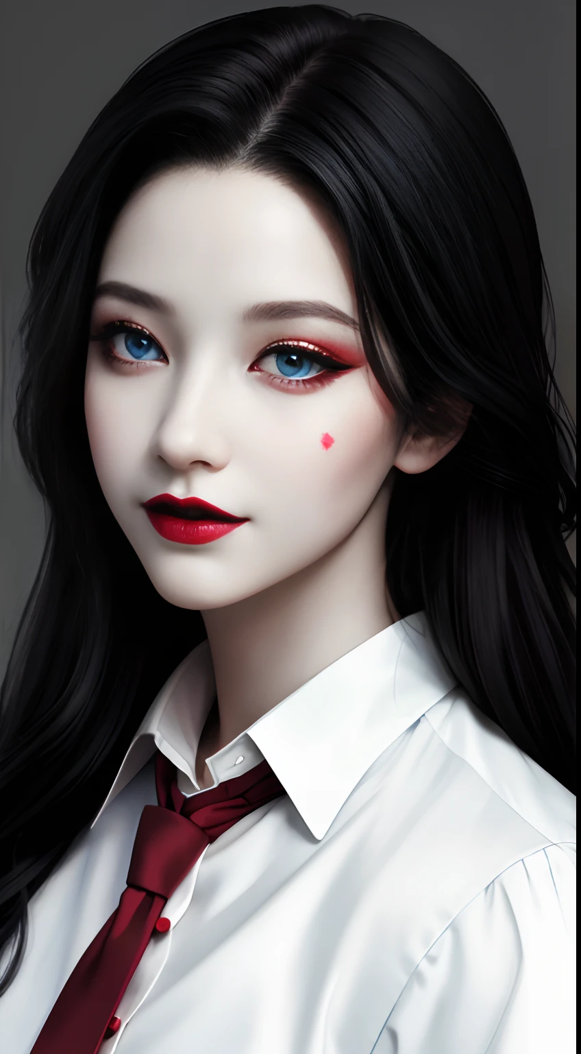 HD, 8K, (((Masterpiece))), (((A high resolution))), ((Best quality)), ((An extremely delicate and beautiful)), Crazy detail and intrusive, Super detailed, Tokyo Ghoul, 1 woman, Solo, black collared shirt, red necktie, Pale skin, large lips, Puffy lips, Black lips, Red eye, eBlue eyes, Heterochromia, ringed eyes, Glowing eyes, Black hair, Long hair, hair slicked back, ghoul, Evil smile, scars face