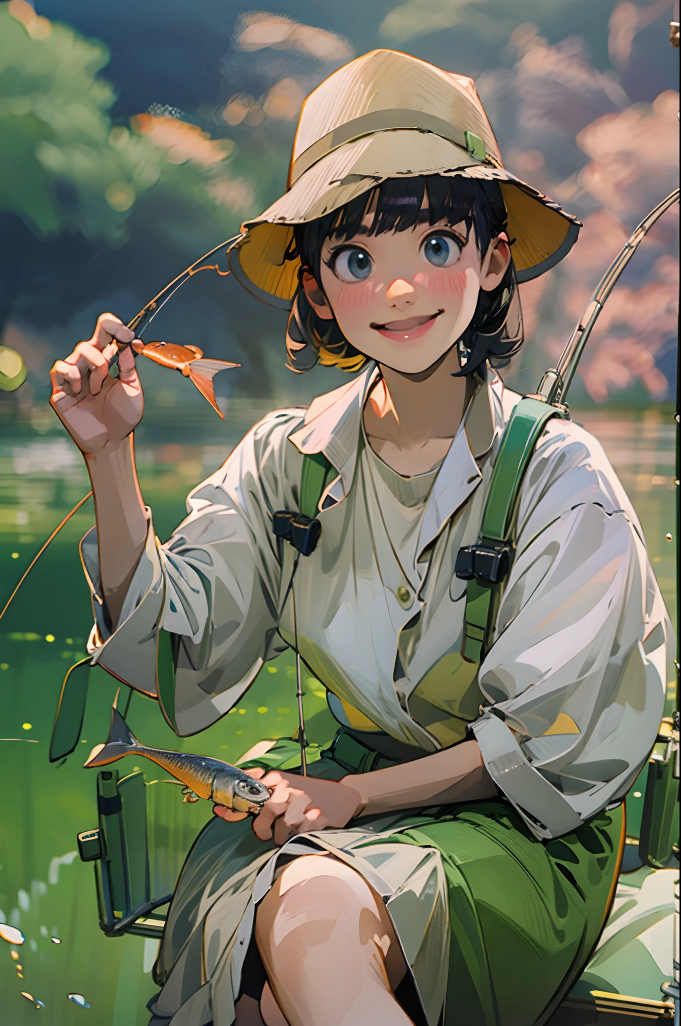 Girls who like fishing、Shortcut hat、back lighting、Looking at the camera