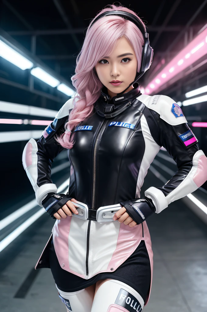 (Top Quality, Ultra High Definition, Photorealistic: 1.4), (cowboy shot:1), 1 Beautiful Girl, Detailed Face, (Hair Style gradation:Pink:0.6Silver:0.4, fullbang, shortbob-style:1), Combat pose, Contrapposto, Perfect Anatomy, Smooth Skin, Professional Lighting, (wear color white black silver),((wearing Futuristic Police Racing Suits, low-mini-skirt, police wappen, High-tech Headset, racing gloves, holding handguns with both hands)), (Cloths colors based on pink silver white black), (background, backstrage),