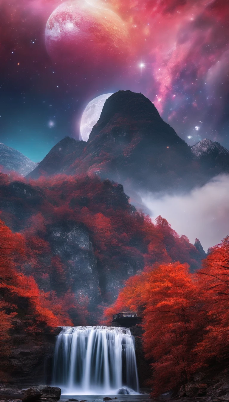 China-style，Ultra-wide angle of view，Beautiful view of autumn，mountain spring，waterfallr，Cloud fog，fall foliage，Fallen leaves all over the ground，oc rendered，high qulity，8K，super-fine，Hyper-realistic，Ultra photo realsisim，35mm camera lens，ultra - detailed