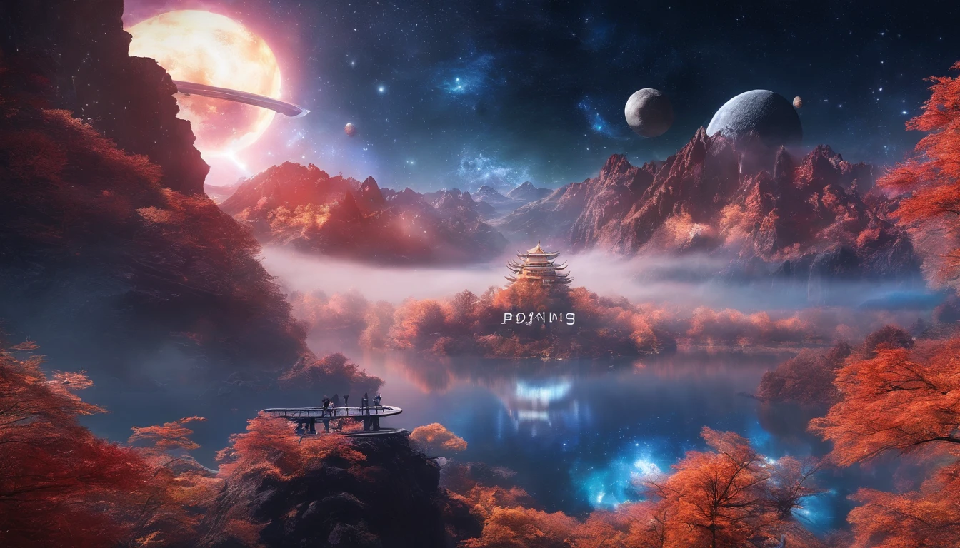 China-style,Ultra-wide angle of view,Beautiful view of autumn,mountain spring,waterfallr,Cloud fog,fall foliage,Fallen leaves all over the ground,oc rendered,high qulity,8K,super-fine,Hyper-realistic,Ultra photo realsisim,35mm camera lens,ultra - detailed