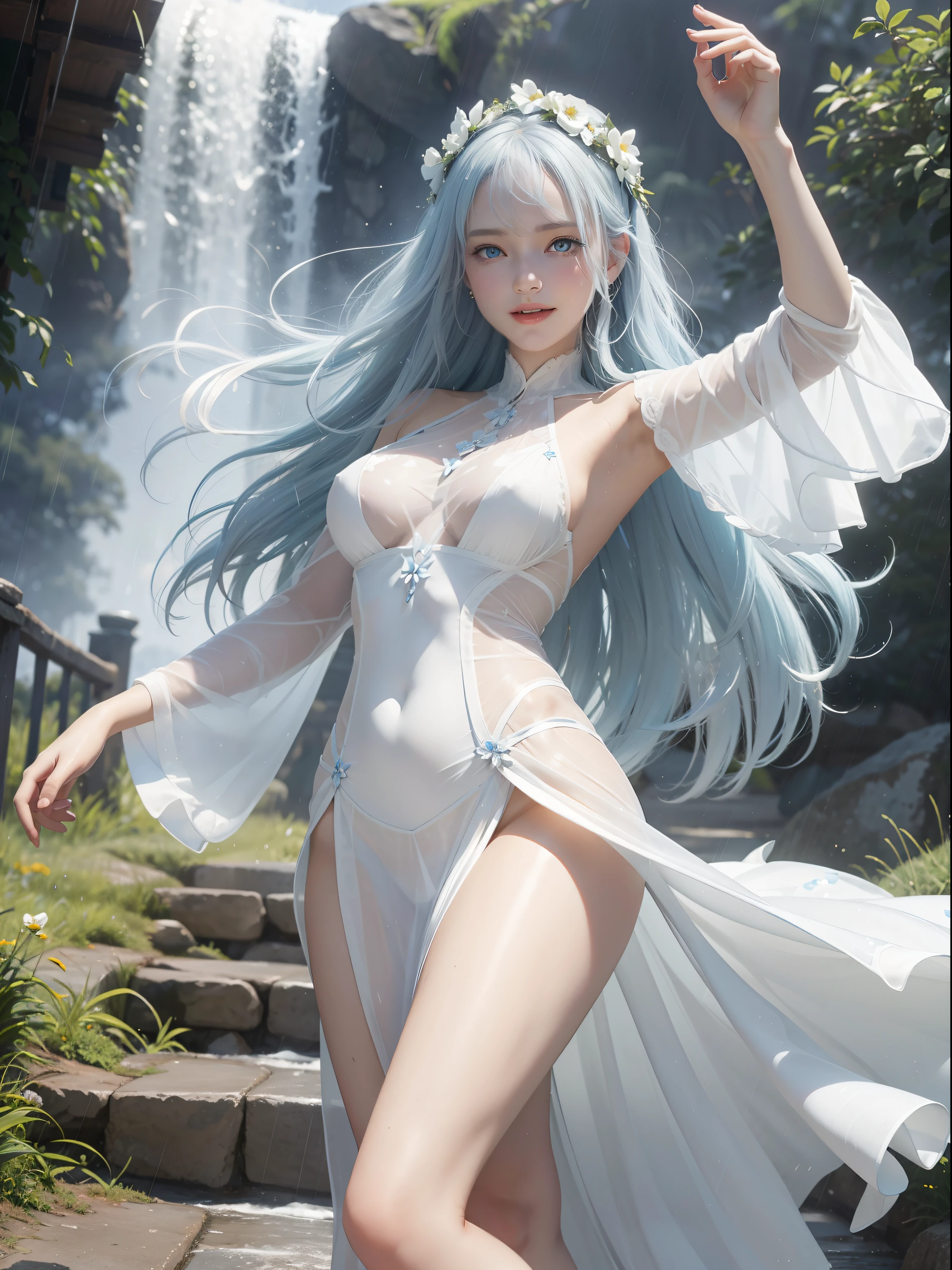Natural steppes,Under the heavy rain,sodden,Transparent skin,White goddess blue eyes in human shape、beautiful body of a flower of a very attractive age with white pubic hair,,,,,,,,White Isekai Dress,Frolic cheerfully,A smile,Dancing,Skinny Legs,