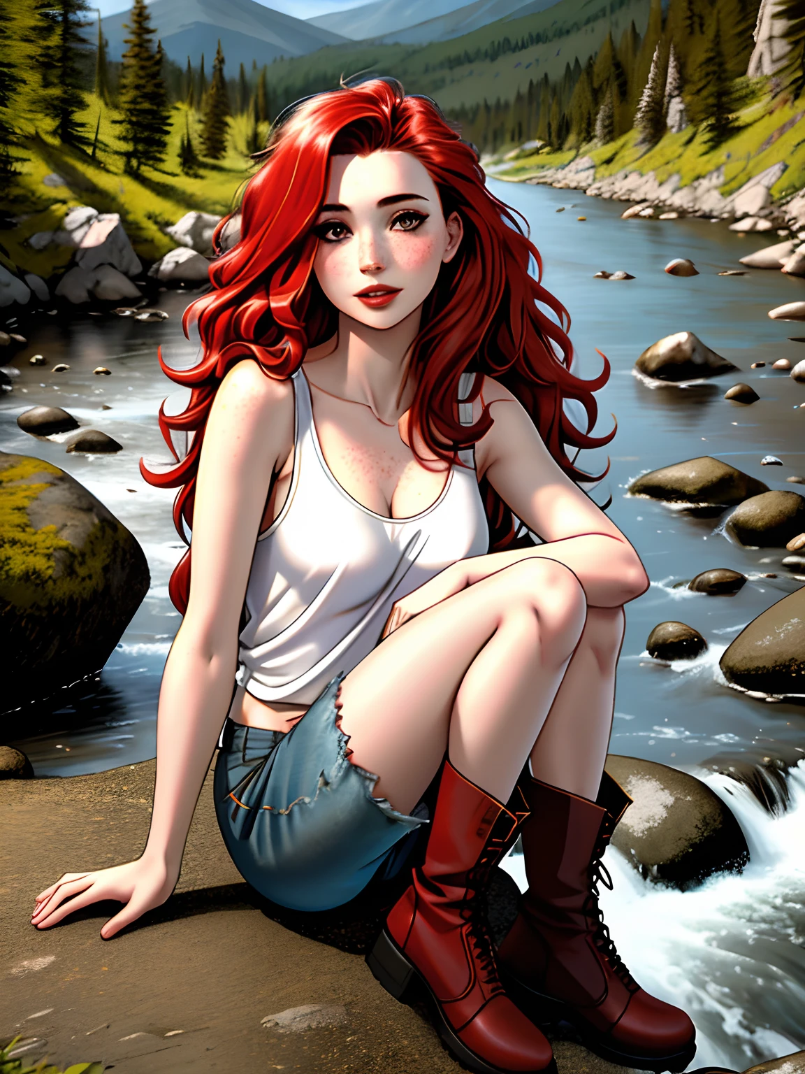 photorealistic, best quality, hyper detailed, beautiful woman, (pale skin) full body, solo, wearing tank top (long shorts) and boots, outdoors, (night), mountains, real life nature, daytime, sunny (cheerful, happy), forest, rocks, river, clear sky, analog style, looking at viewer, skin texture, freckles, film grain, ultra high res, best shadow, RAW ((red wavy hair)) (((small bust)))