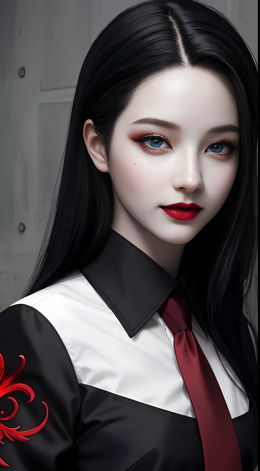 HD, 8K, (((Masterpiece))), (((A high resolution))), ((Best quality)), ((An extremely delicate and beautiful)), Crazy detail and intrusive, Super detailed, Tokyo Ghoul, 1 woman, Solo, black collared shirt, red necktie, Pale skin, large lips, Puffy lips, Black lips, Red eye, eBlue eyes, Heterochromia, ringed eyes, Glowing eyes, Black hair, Long hair, hair slicked back, ghoul, Evil smile, scars face