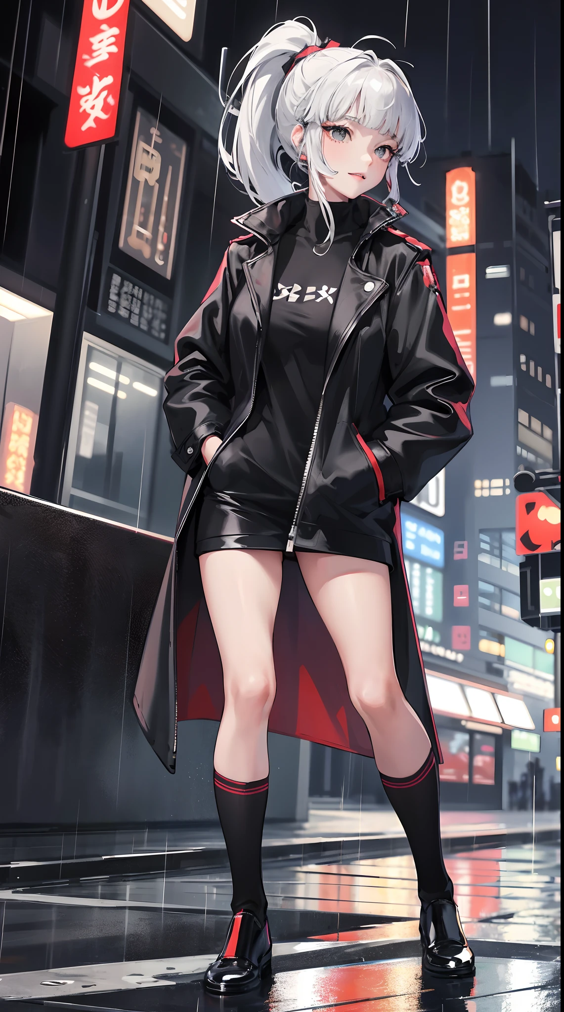 1adult woman,masterpiece, highres, best quality, 1girl solo, kamisato_ayaka,ponytail, smile, Sharp focus,night city,rain,coat,hands in pockets,Half body