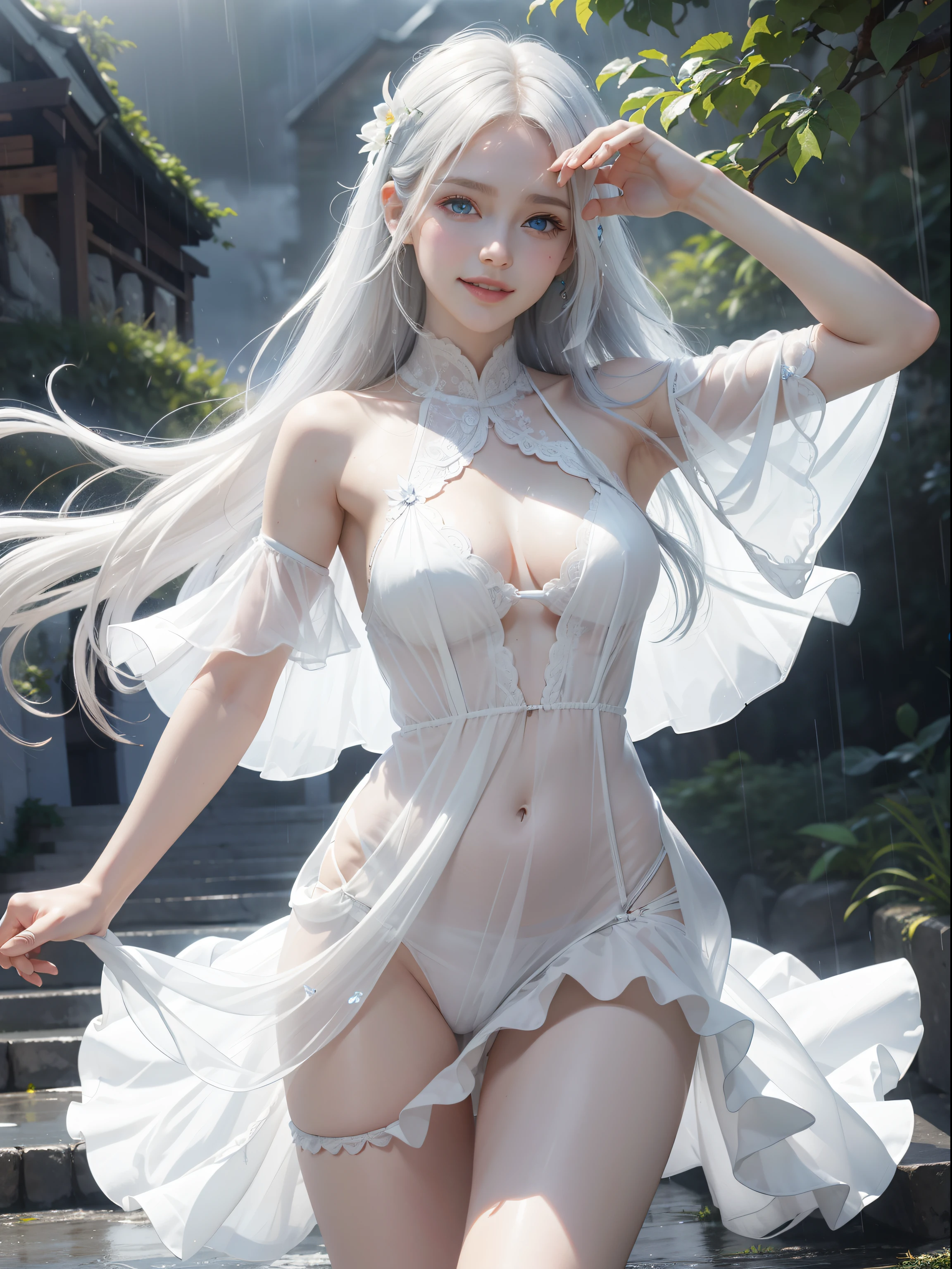 Natural steppes,Under the heavy rain,sodden,Transparent skin,White goddess blue eyes in human shape、beautiful body of a flower of a very attractive age with white pubic hair,,,,,,,,White Isekai Dress,Frolic cheerfully,A smile,Dancing,Skinny Legs,