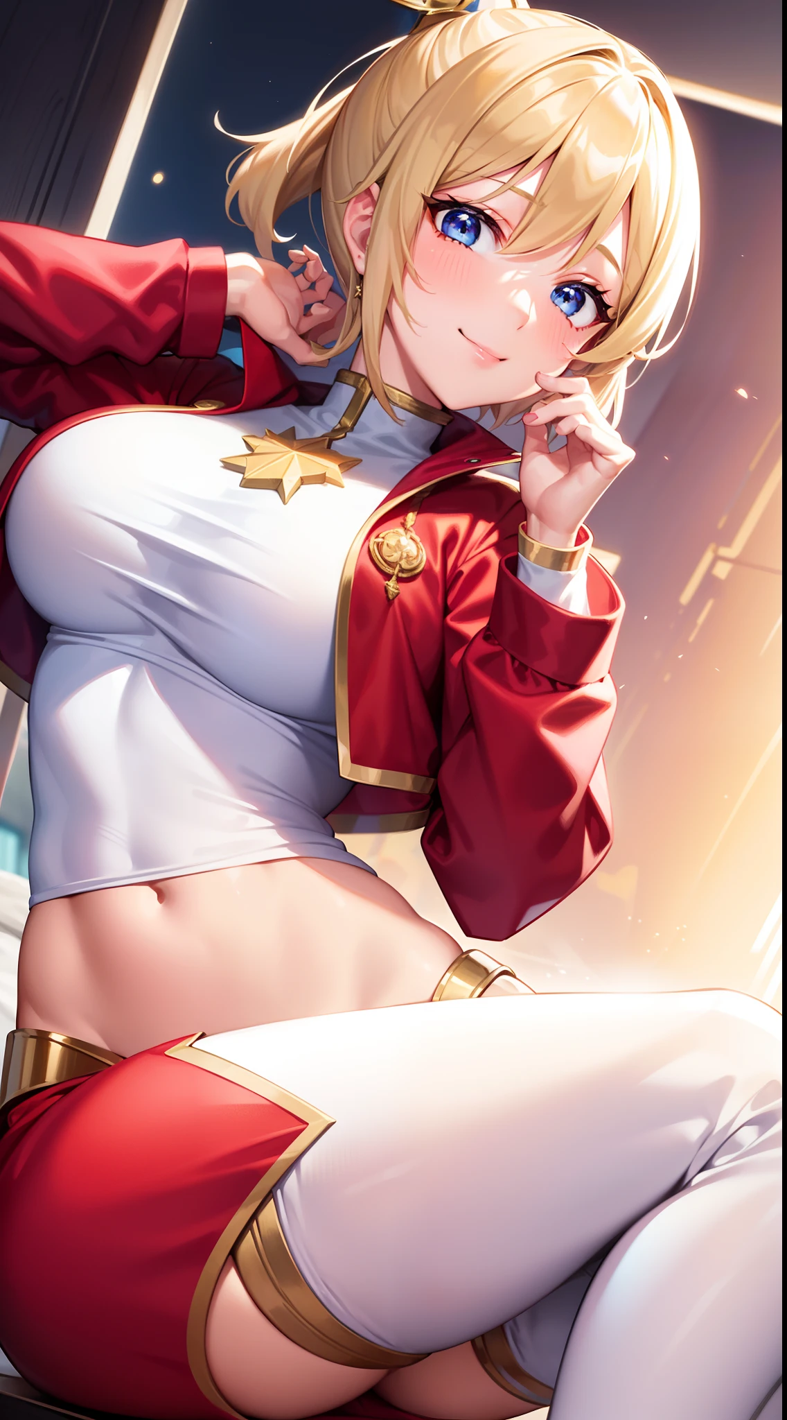 Adult girl, short blonde hair, high ponytail, blue eyes, smile, red jacket, white pants, diadem, gold elements, She-Ra, Masterpiece, hiquality, 4k, HD, Good detail