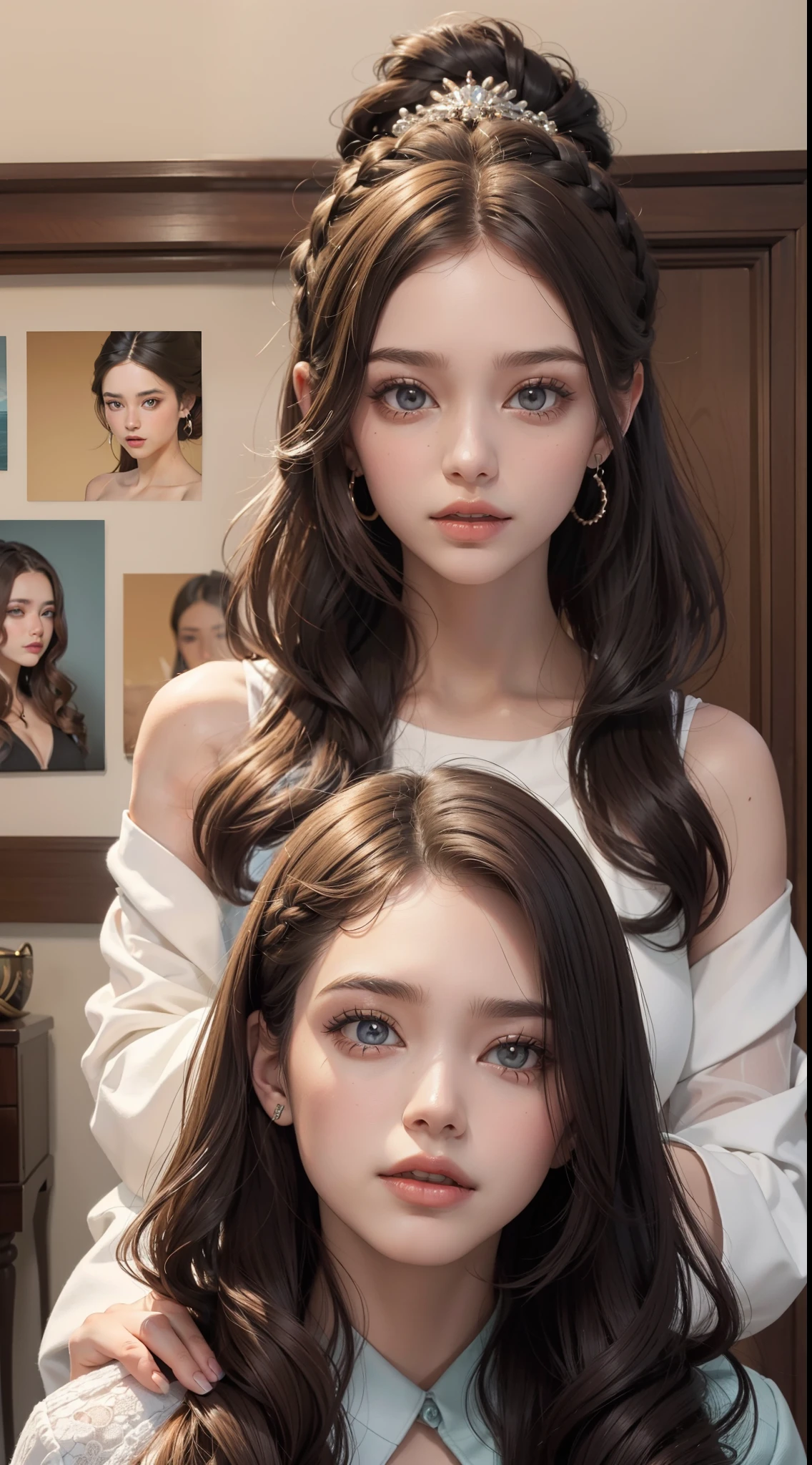 A girl in a coffee shop, listening to music, cozy lofi atmosphere, beautiful detailed eyes, beautiful detailed lips, extremely detailed face and features, porcelain skin, wavy hair, intricate details, warm lighting, cinematic composition, soft focus, film grain, photorealistic, highly detailed, masterpiece