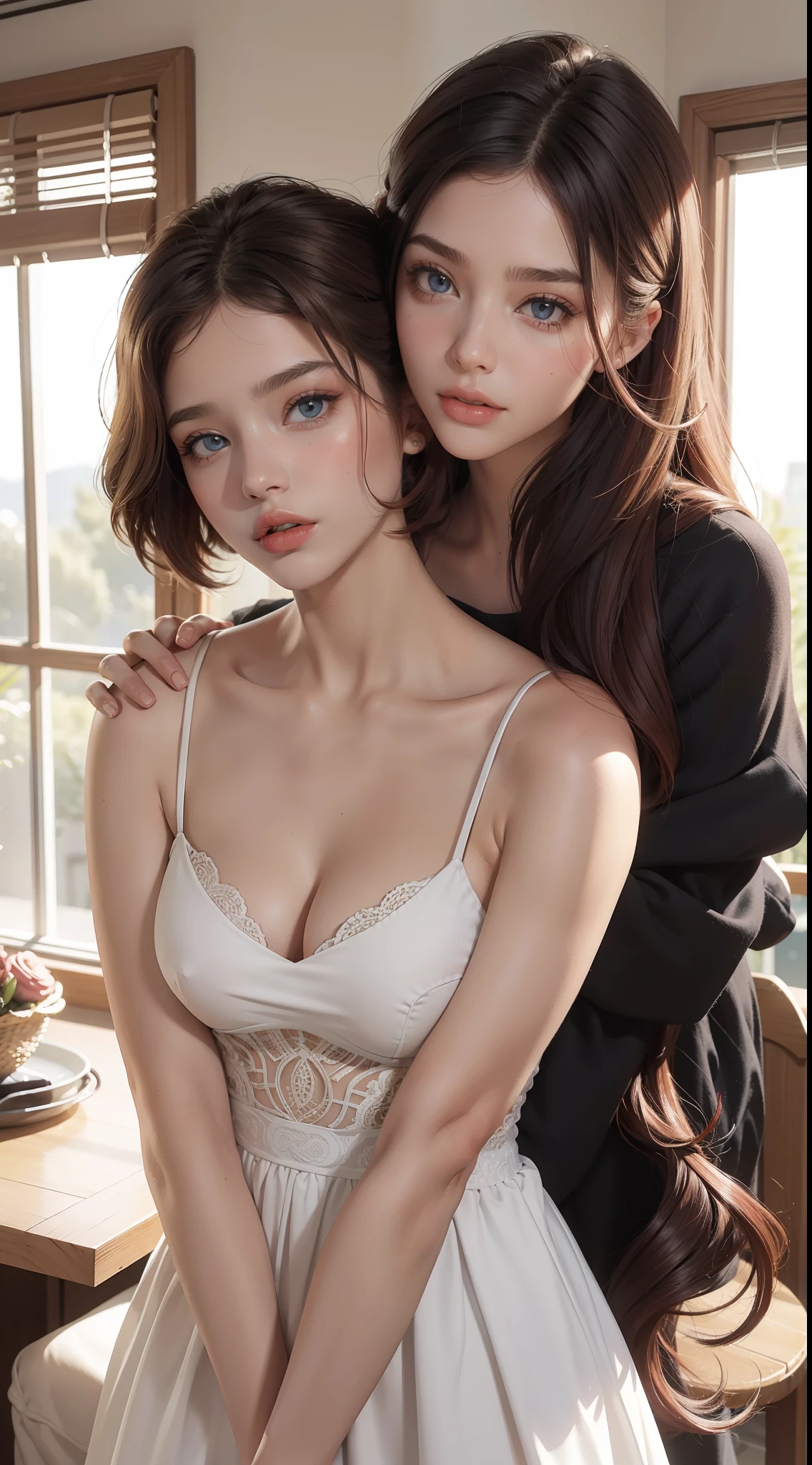 2 jovens, Beautiful girl,Metade do corpo perfeito, (cabelo vermelho e curto,penteado na altura do queixo), woman hiding behind each other, olhos realistas,Olhos bonitos e grandes) vestido curto de couro preto e vermelho cor. 2 mulheres de costas uma para a outra, cabelos e olhos de tom diferentes, cabelos vermelhos, cabelo azulado