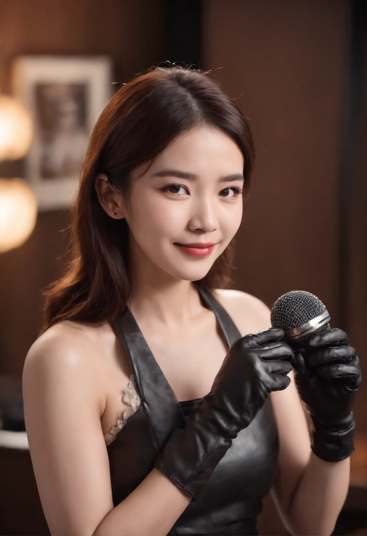 Holding microphone in hand in black leather gloves、Smiling Japan female announcer