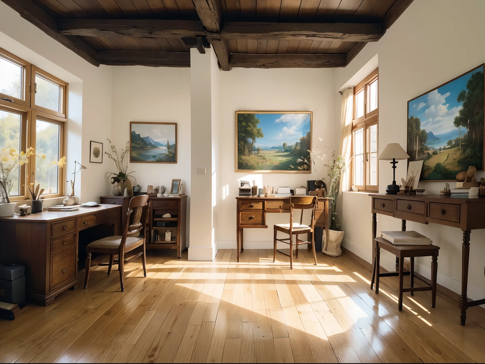In this artistic retreat, step into a book-filled study that feels like the birthplace of creativity itself. Adorned on the walls are an array of oil paintings and sketches created by masters of their craft, each piece exuding unique emotions and expressive brushstrokes. Neatly arranged on the desk are various art supplies and art magazines, inviting one to immerse themselves in an atmosphere of creation. A faint fragrance lingers in the room as a gentle ray of sunlight filters through the floor-to-ceiling window, infusing inspiration into the minds of the artists. Within this study, you can rediscover your passion for art and unearth the depths of your creative fervor. 

(best quality, highres, masterpiece:1.2), ultra-detailed, (realistic:1.37)
Classic paintings, exquisitely detailed sketches 
(bookshelf:1.1, abundant:1.1, old books, vintage:0.9), (rustic:1.1, wooden) study desk
(sunlit, well-lit), (inspiring:1.1) atmosphere, nostalgic warmth
(delicate aroma, subtle fragrance), (soft light, gentle rays) pouring through the window
A (peaceful:1.1, calm:1.1, serene) retreat, an artists' haven