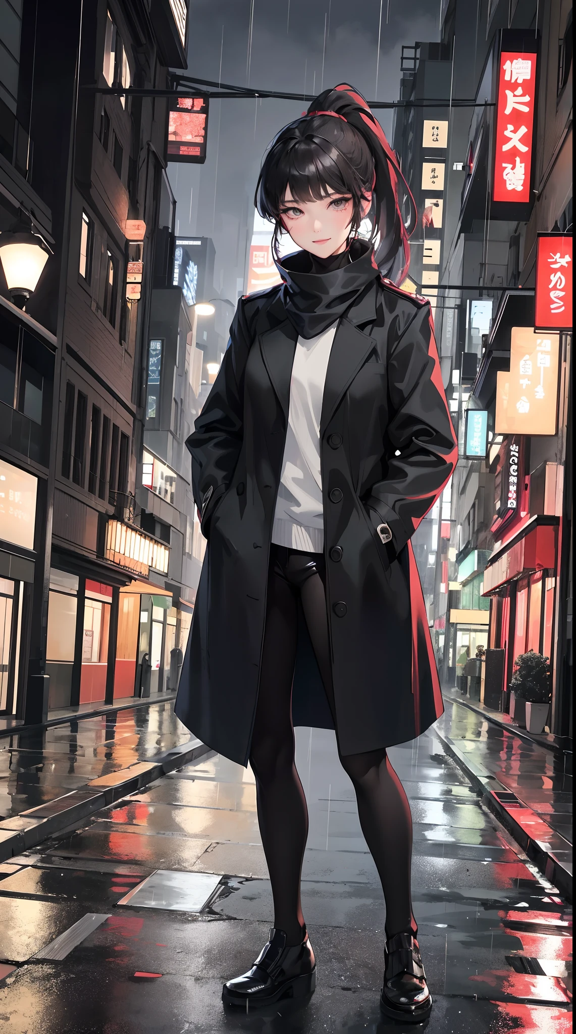 1adult woman,masterpiece, highres, best quality, 1girl solo, kamisato_ayaka,ponytail, smile, Sharp focus,night city,rain,coat,hands in pockets,Half body