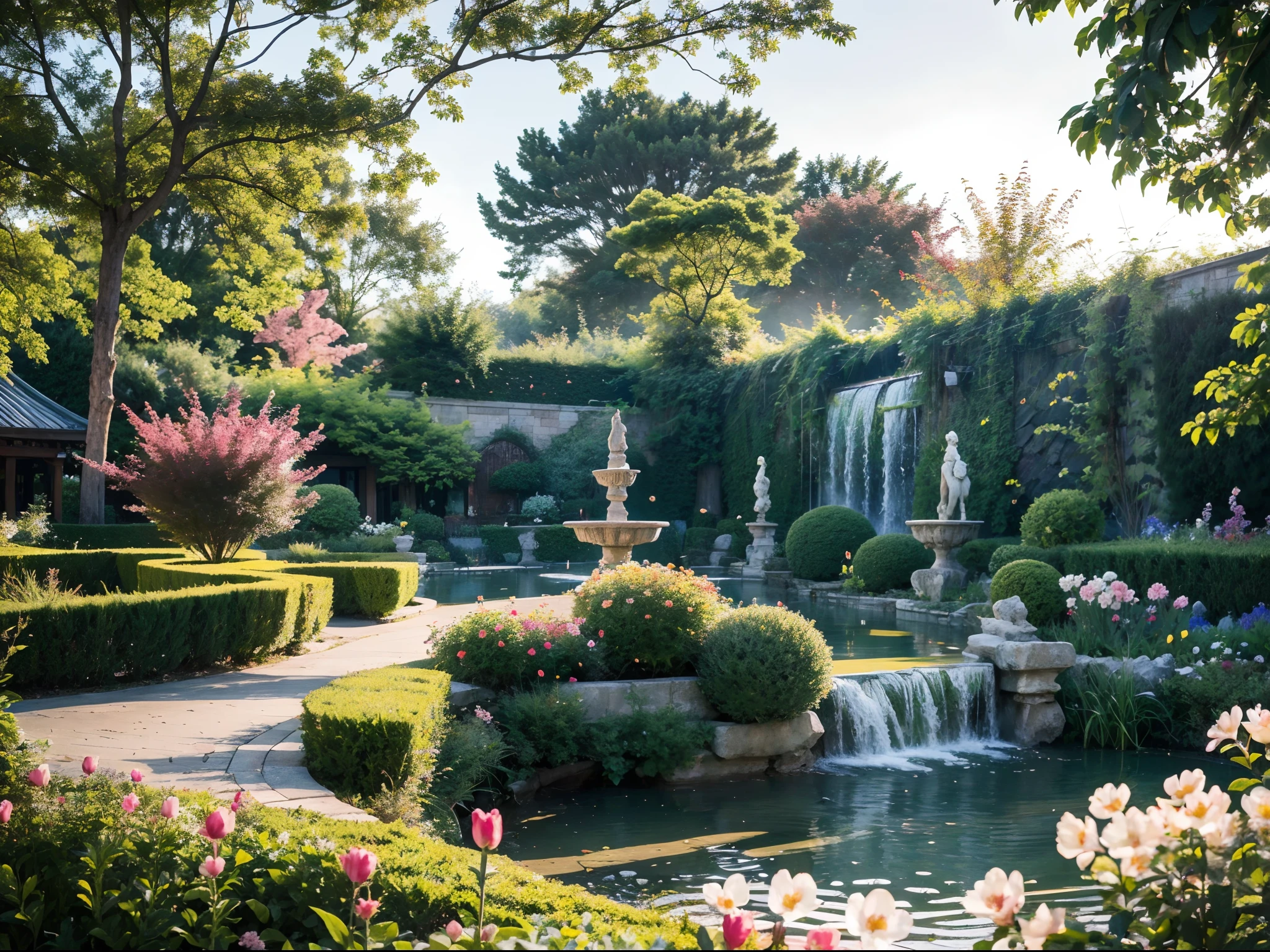 A girl stepping into a magical flower garden, as if entering another world. Various colorful flowers bloom under the sunlight, exuding enchanting fragrance. In the center of the garden, there is a gentle flowing stream, reflecting the beautiful scenery of the sky and flowers. Delicate vines climb around the splendid sculptures, creating a mysterious and elegant atmosphere. As you stroll through this flower paradise, you will feel the wonderful and fantastical beauty of nature, and your soul will be healed and enlightened.

(best quality,4k,8k,highres,masterpiece:1.2),ultra-detailed,(realistic,photorealistic,photo-realistic:1.37), HDR, UHD, studio lighting, ultra-fine painting, sharp focus, physically-based rendering, extreme detail description, professional, vivid colors, bokeh

medium: illustrations, dreamy

Additional details: butterflies dancing around the flowers, soft sunlight filtering through the leaves, a delicate stone bridge over the stream, birds chirping in the distance, lush greenery surrounding the garden, a sense of tranquility and serenity permeating the atmosphere.

Art style: impressionism, romanticism

Color palette: vibrant and warm colors, with splashes of pinks, purples, and yellows

Lighting: soft and warm sunlight, casting gentle shadows on the flowers and sculptures