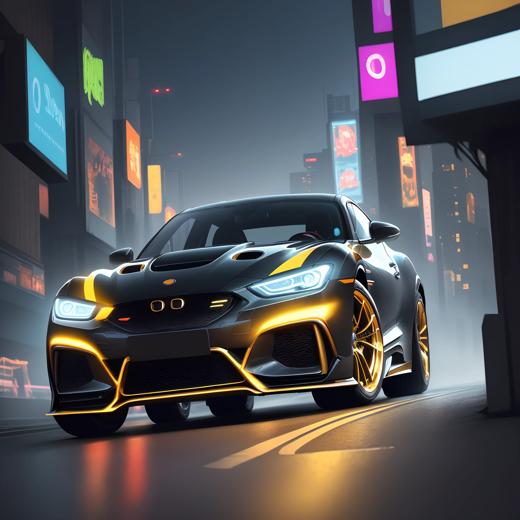 A sports car, golden neon line, black, zoom out, full view, technology, cyberpunk