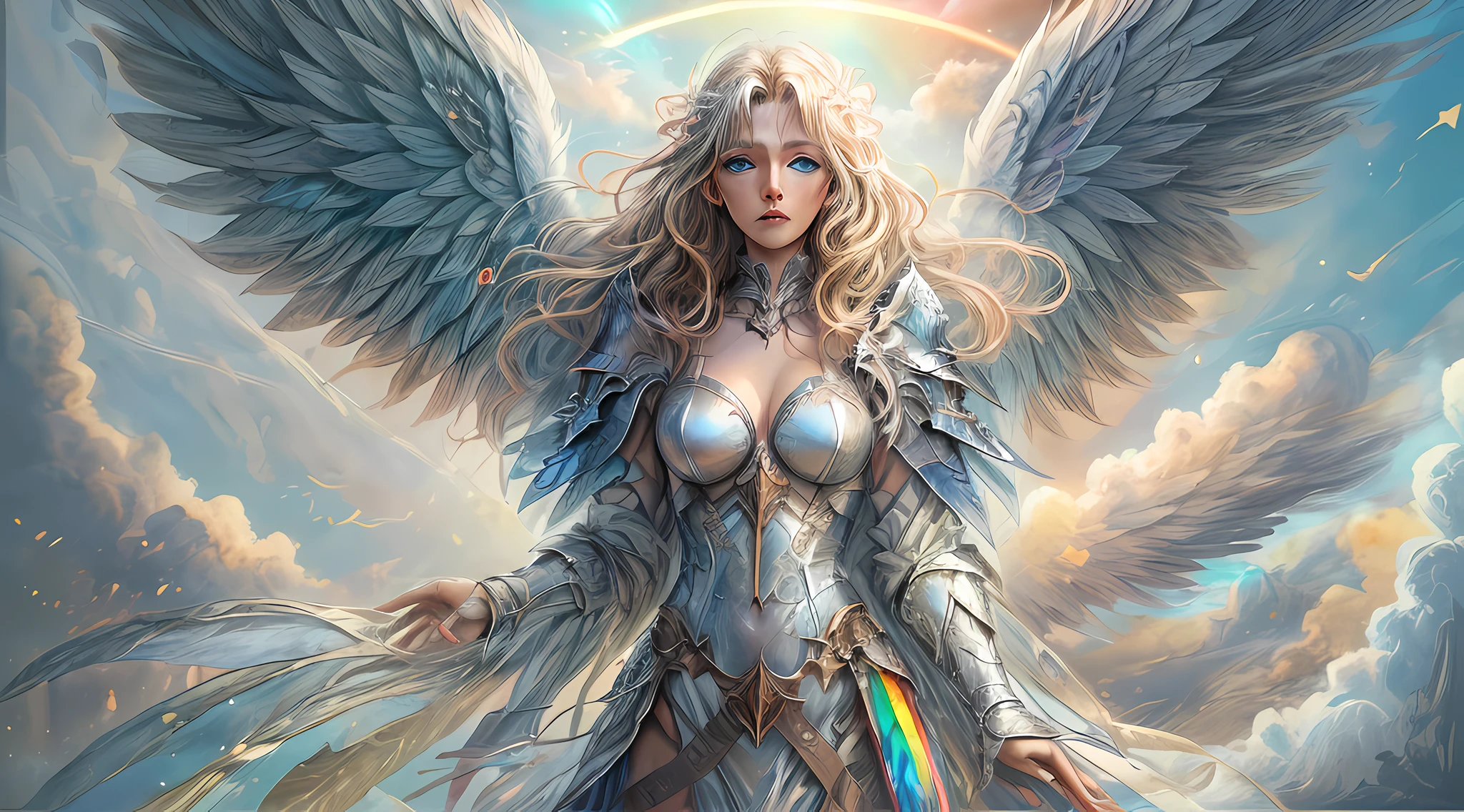 high details, best quality, 16k, [ultra detailed], masterpiece, best quality, dynamic angle, ultra wide shot, RAW, photorealistic, fantasy art, realistic art, a picture of an archangel flying in a the sky between the clouds, fantasy art, RPG art, a a full distance shot, full body, an epic beautiful female archangel, blond hair, long hair, (wavy hair: 1.2), (blue eyes: 1.2), intense eyes (best detailed face: 1.3), (ultra feminine: 1.3) spread angelic wings angel_wings, (rainbow colored wings: 1.5) wearing heavy armor, (with glowing divine sigils: 1.2), light clouds in the background, a n epic (rainbow: 1.5) between the clouds, 16k, ultra detailed, masterpiece, best quality, ultra detailed, full body, ultra wide shot, photorealistic,