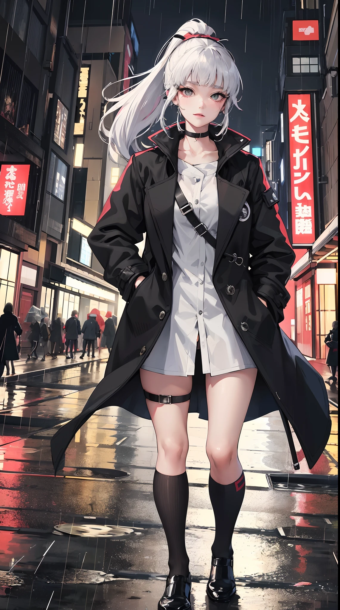 1adult woman,masterpiece, highres, best quality, 1girl solo, kamisato_ayaka,ponytail, smile, Sharp focus,night city,rain,coat,hands in pockets,Half body