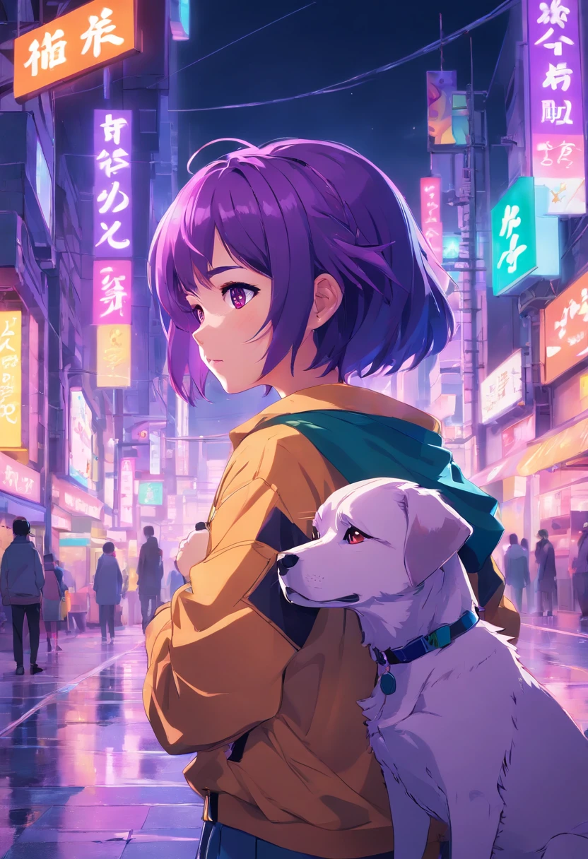 neon colors,darkly,Girl with a dog,purple hair up to the back