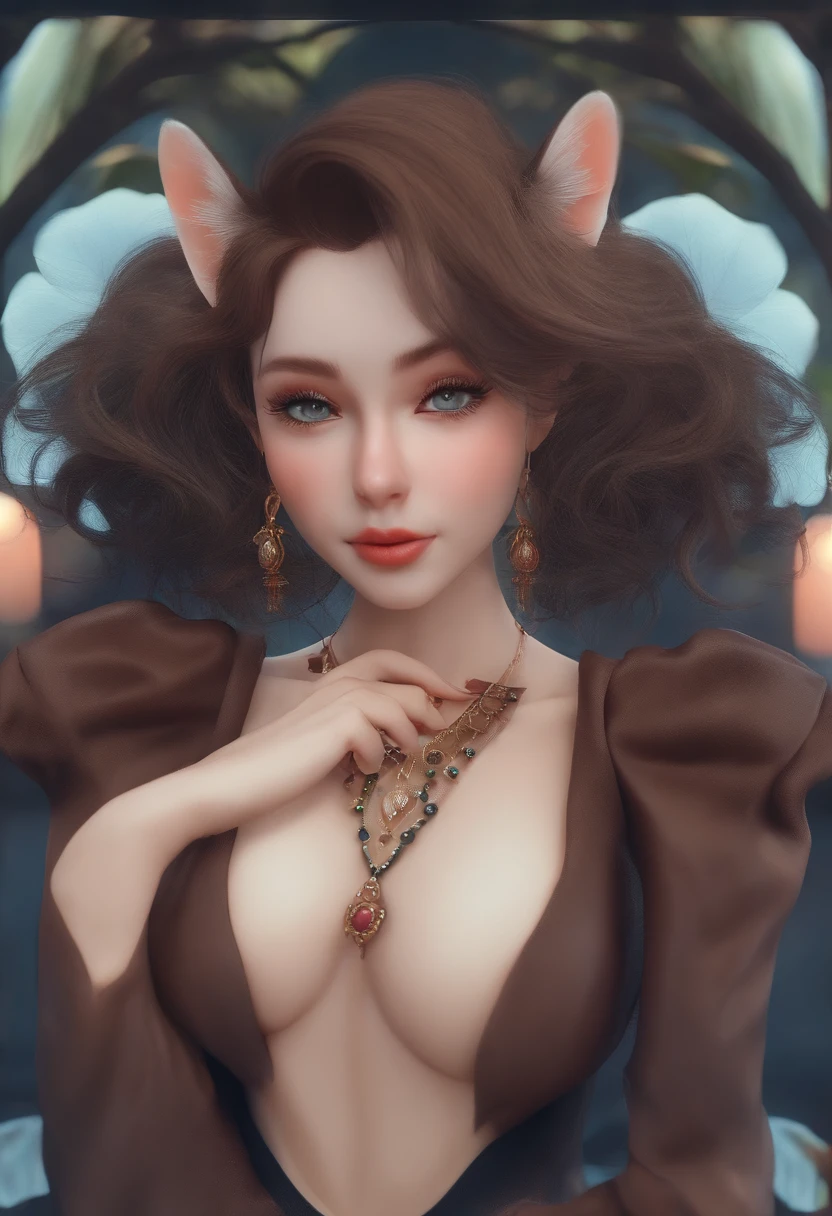 brunette color hair， Hair bobble， wince， long eyelasher， solid circle eyes， fakeanimalears， Light smile， Blushing ears， fang， ultra-realistic realism，fullnude， shadowing， anaglyph， stereograms， tachi-e， pov， atmosphric perspective， first person perspective， 8k， super detailing， ccurate， best qualtiy