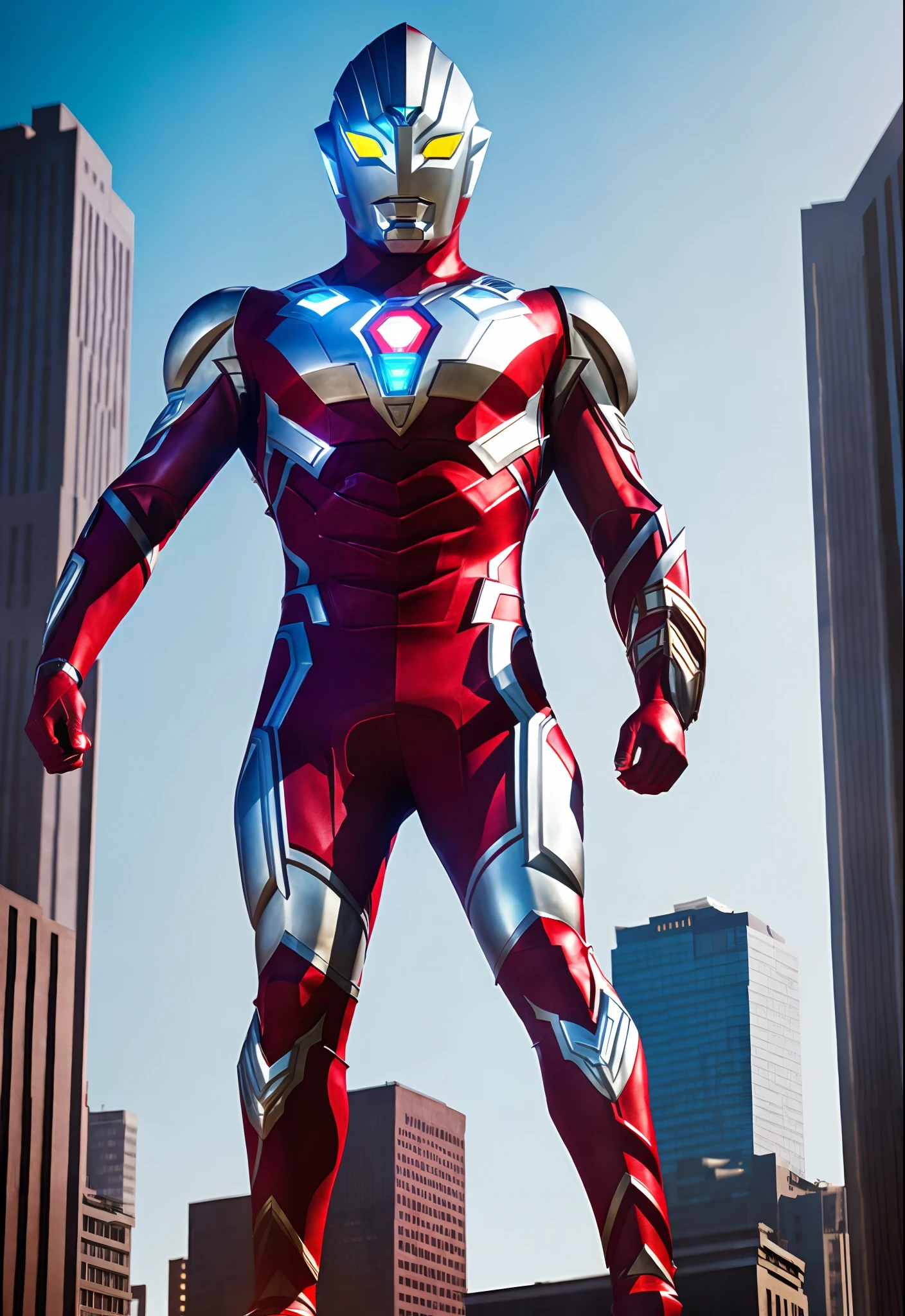 ultraman, giant hero, glowing red eye, city, building, noon, (full body), cinematic lighting, highly detailed, hdr, realistic, (((detailed background))), perfect anatomy,