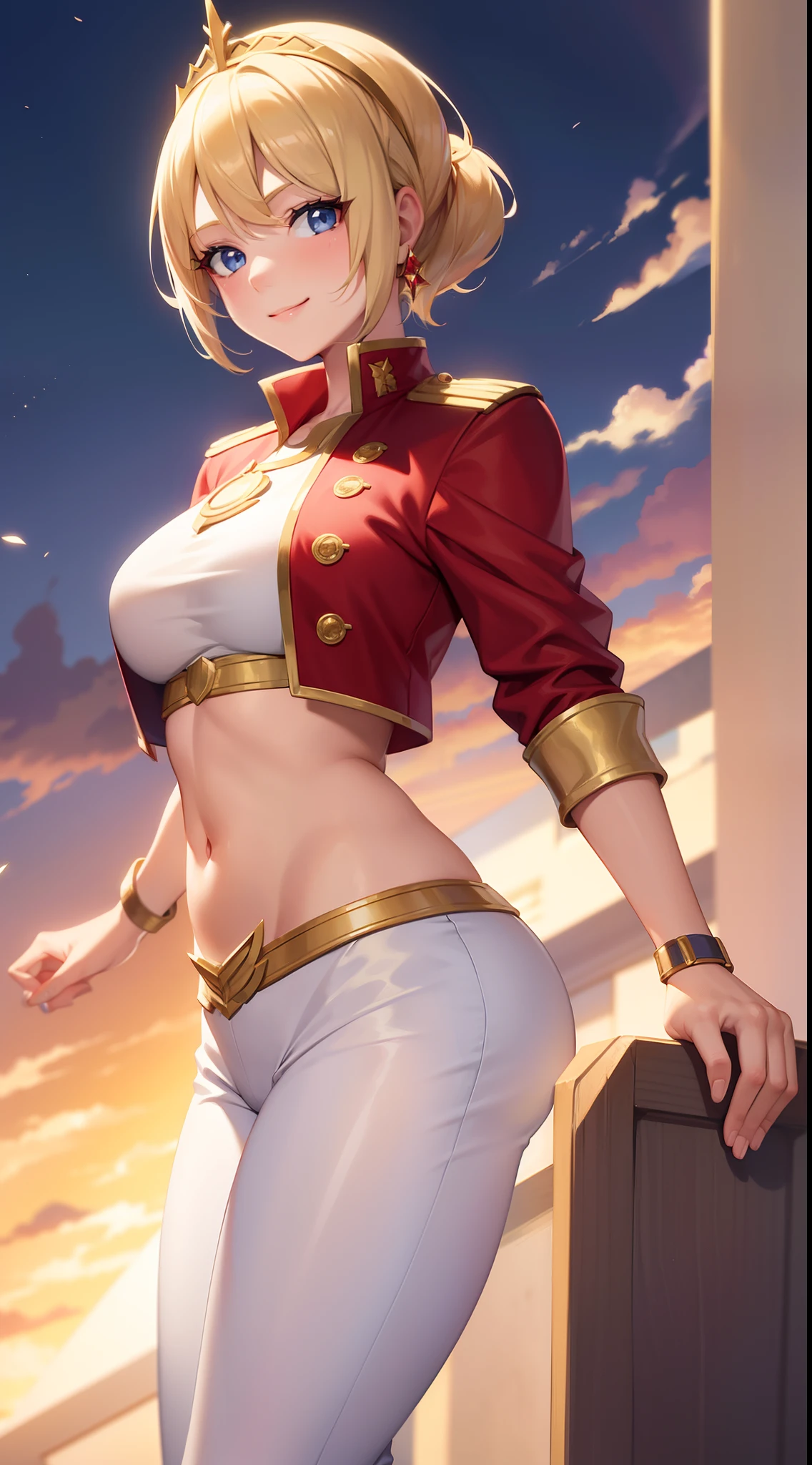 Adult girl, short blonde hair, high ponytail, blue eyes, smile, red jacket, white pants, diadem, gold elements, She-Ra, Masterpiece, hiquality, 4k, HD, Good detail